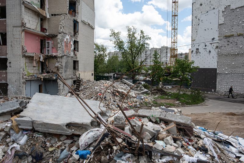 Rubble next to the heavily damaged apartment building in Chernihiv, Ukraine, on Saturday, May 28.