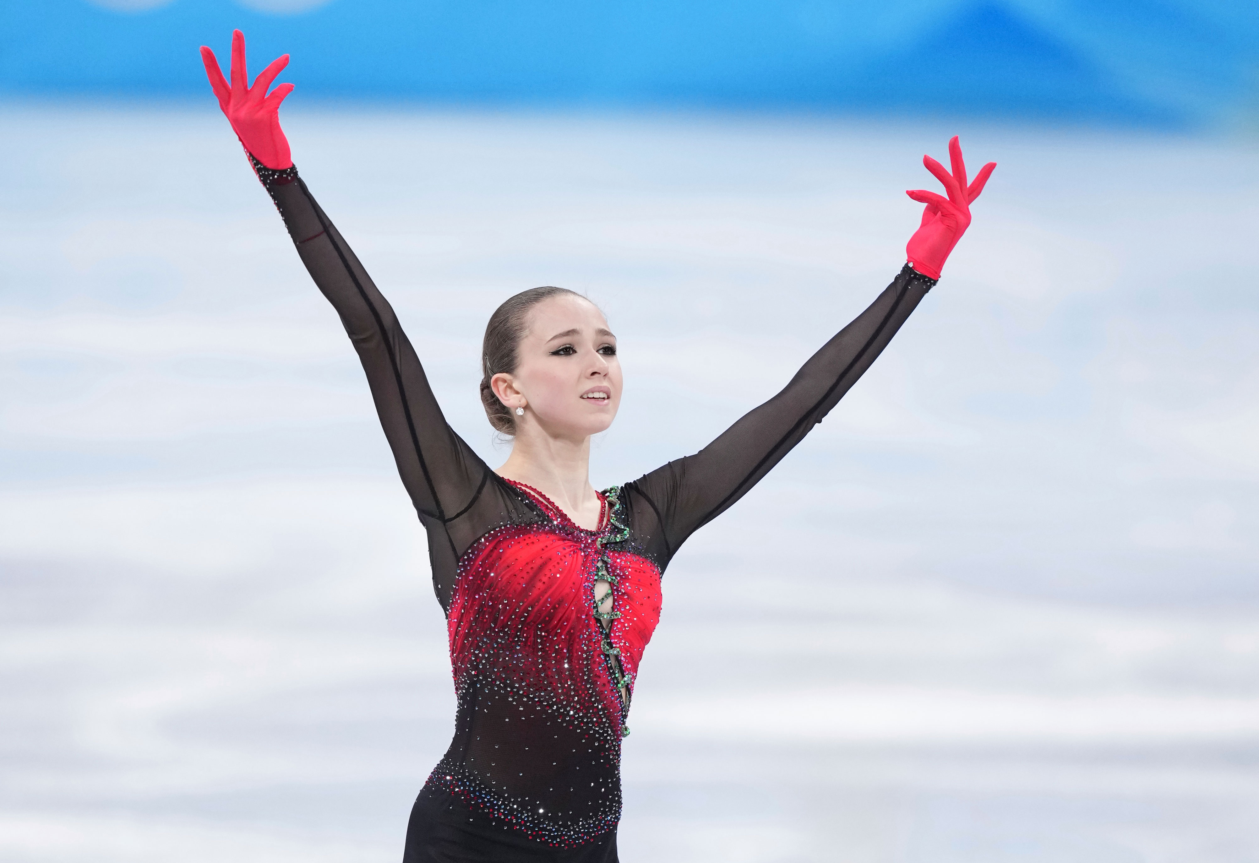 ROC's Kamila Valieva performs in the women's free skating team event at Beijing's Capital Indoor Stadium on Monday.