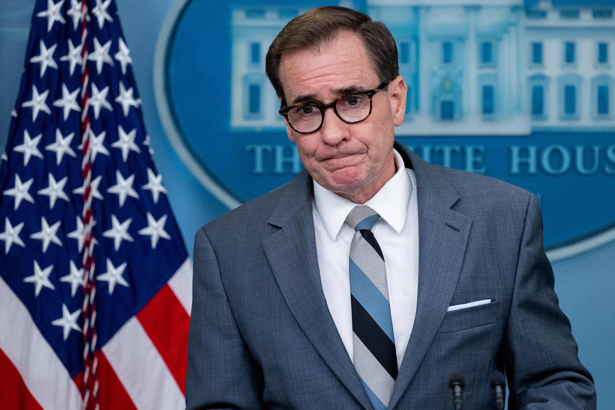 National Security Council Coordinator for Strategic Communications, John Kirby, speaks the daily White House briefing in Washington, DC on September 16.