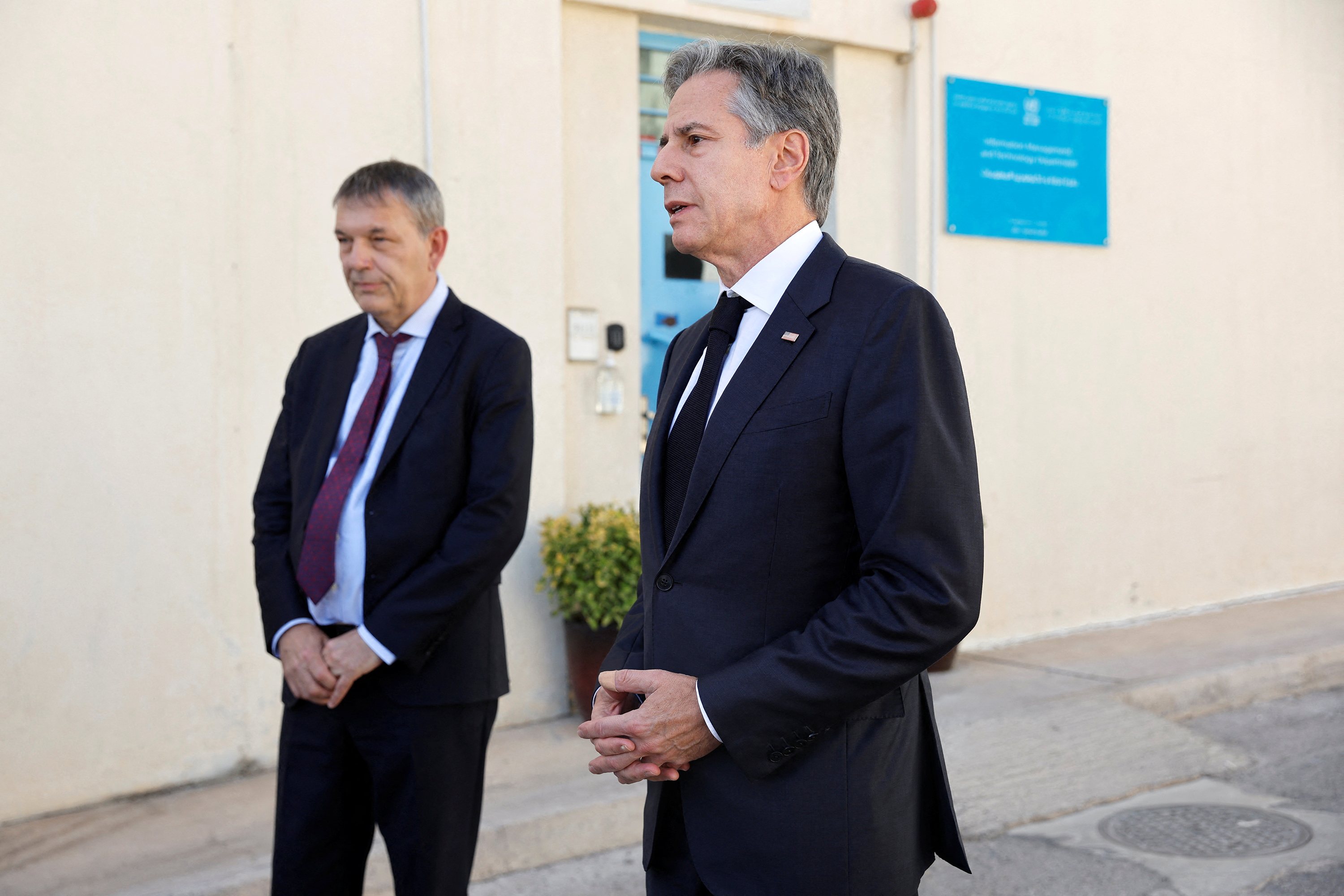 US Secretary of State Antony Blinken, right, meets with United Nations Relief and Works Agency for Palestine Refugees in the Near East Commissioner Philippe Lazzarini in Amman, Jordan, on November 4. 