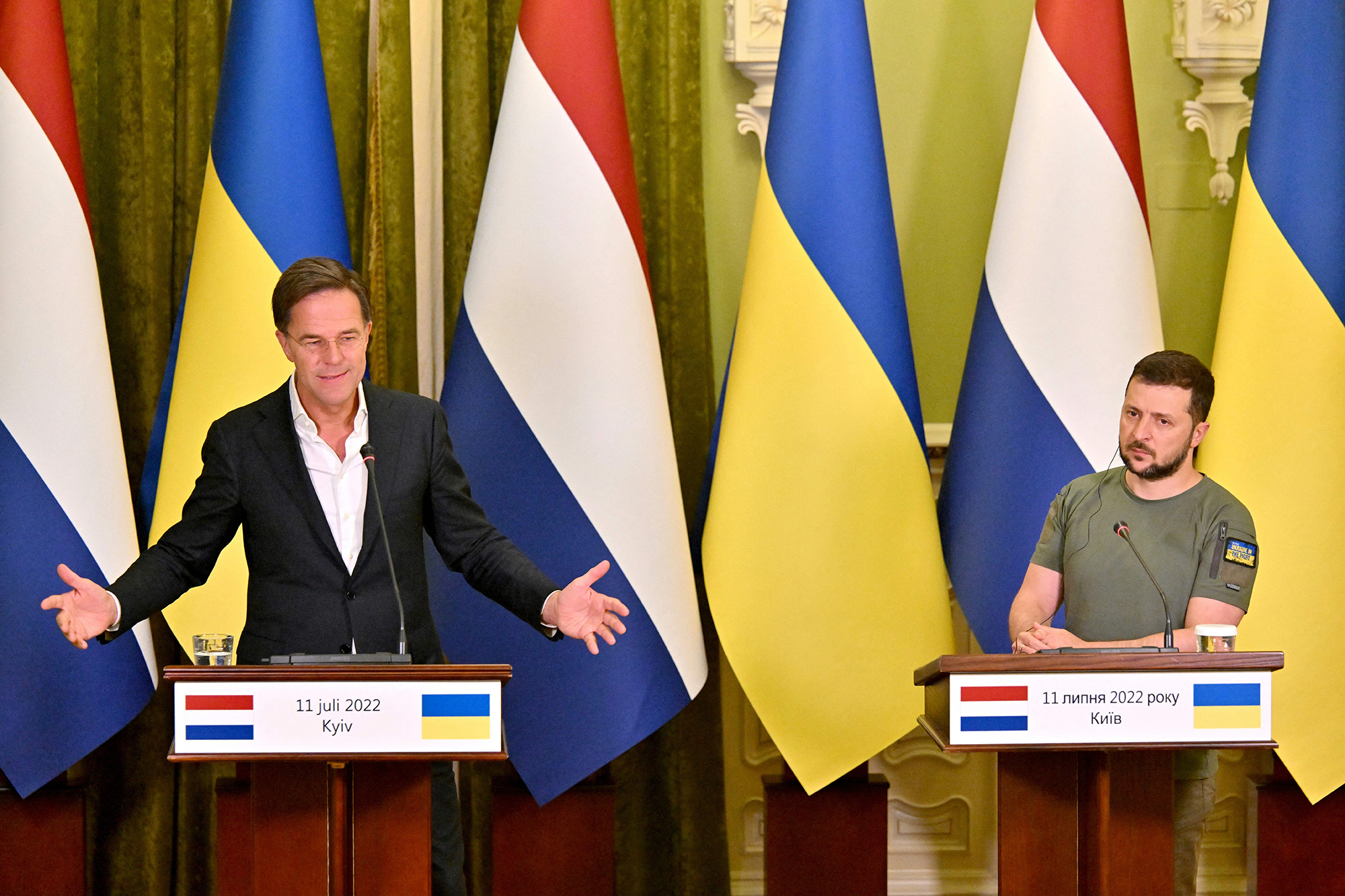 Netherlands Prime Minister Mark Rutte, left, with Ukrainian President Volodymyr Zelensky while addressing a press conference in Kyiv on Monday,