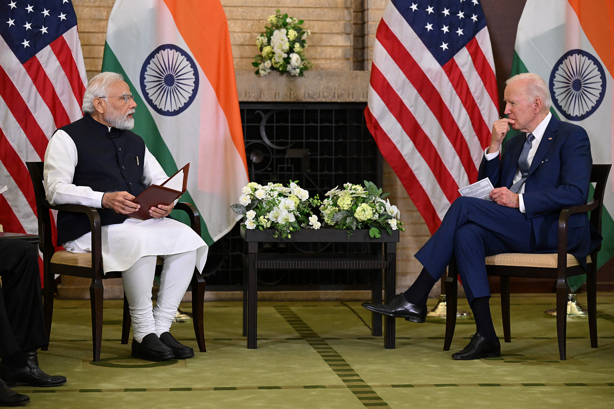 Indian Prime Minister Narendra Modi, left, and US President Joe Biden hold a meeting during the Quad Leaders Summit at Kantei in Tokyo, Japan, on May 24.
