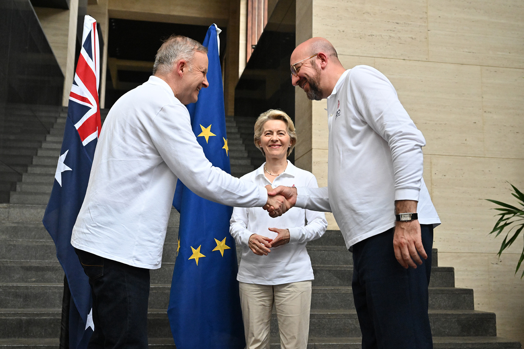 Australia’s Prime Minister Anthony Albanese. left, meets with President of the European Council Michel Charles, right, and president of the European Commission Ursula von der Leyen during the 2022 G20 summit in Nusa Dua, Bali, Indonesia, on November 16.