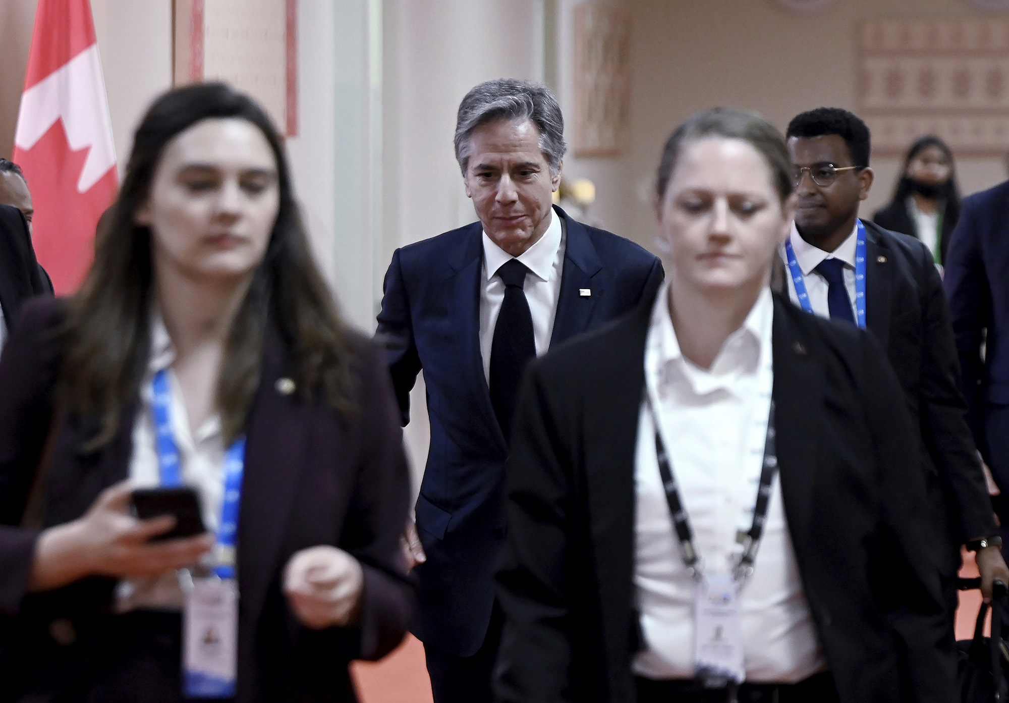 U.S. Secretary of State Antony Blinken walks to a meeting on the sideline of the G20 foreign ministers' meeting in New Delhi, India, on March 2.