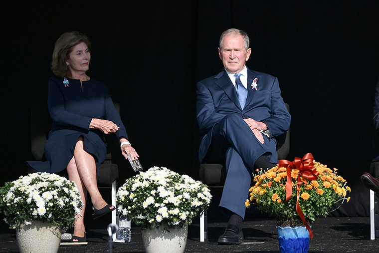 Former US President George W. Bush and former First Lady Laura Bush attend a 9/11 commemoration at the Flight 93 National Memorial in Shanksville, Pennsylvania on September 11, 2021.
