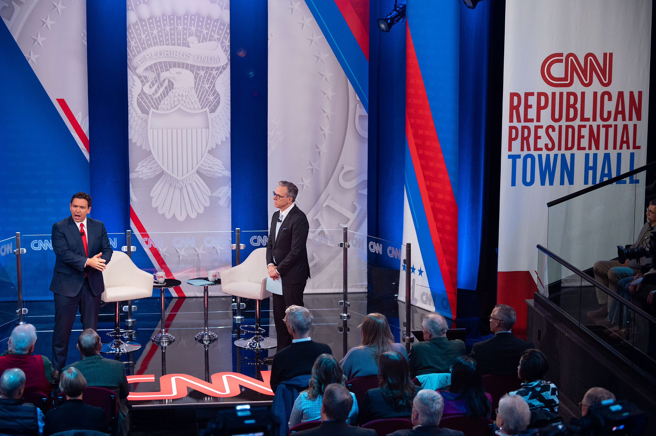 Florida Gov. Ron DeSantis participates in a CNN Republican Town Hall moderated by CNN’s Jake Tapper at Grand View University in Des Moines, Iowa, on Tuesday, December 12.