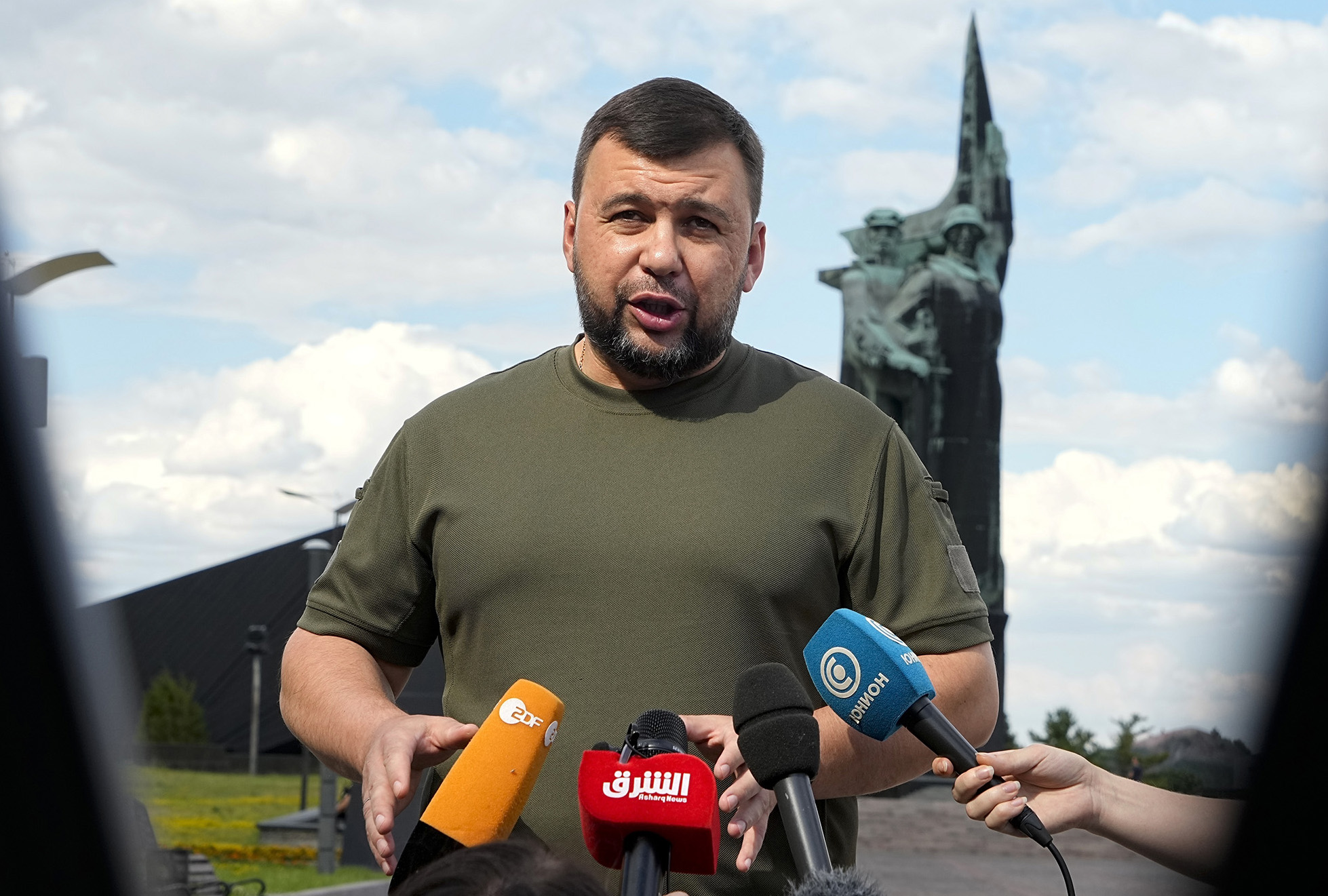 Denis Pushilin, the leader of the Donetsk People's Republic, speaks to journalists in Donetsk, eastern Ukraine, on July 13.
