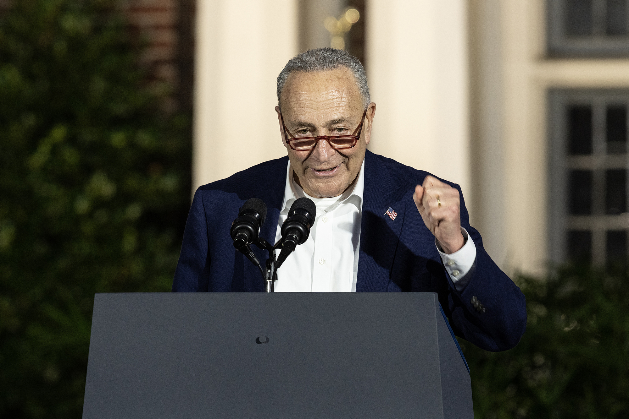 Senator Charles Schumer speaks during a campaign stop for Governor Kathy Hochul at Sarah Lawrence College in Bronxville, New York on November 6. 