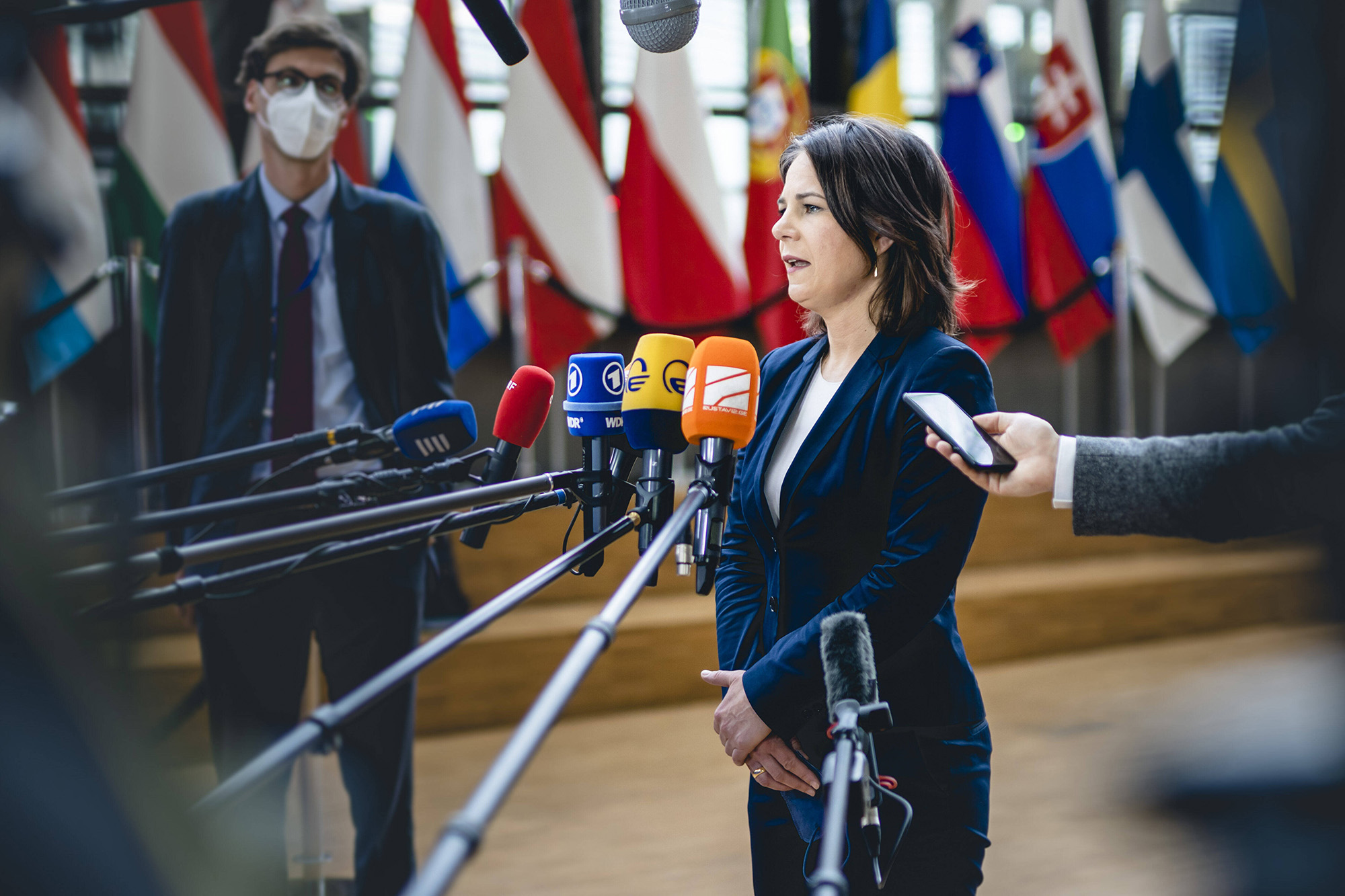 German Foreign Minister Annalena Baerbock talks to the press ahead of a meeting at the Council for External Relations in Brussels, Belguim, on May 16.