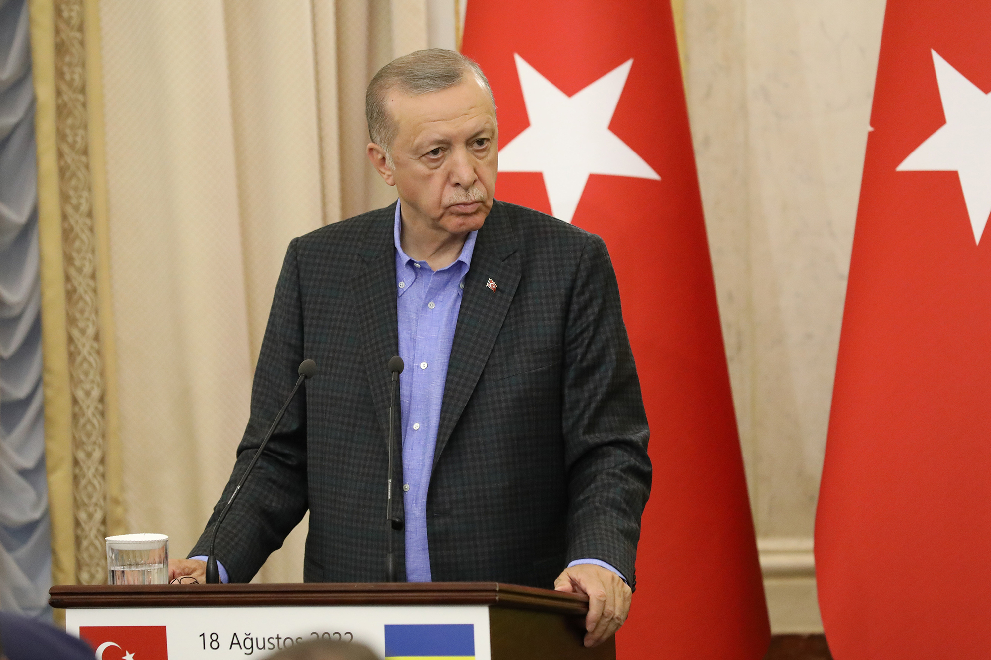 Turkish President Recep Tayyip Erdogan attends a press conference on August 18 in Lviv, Ukraine. 