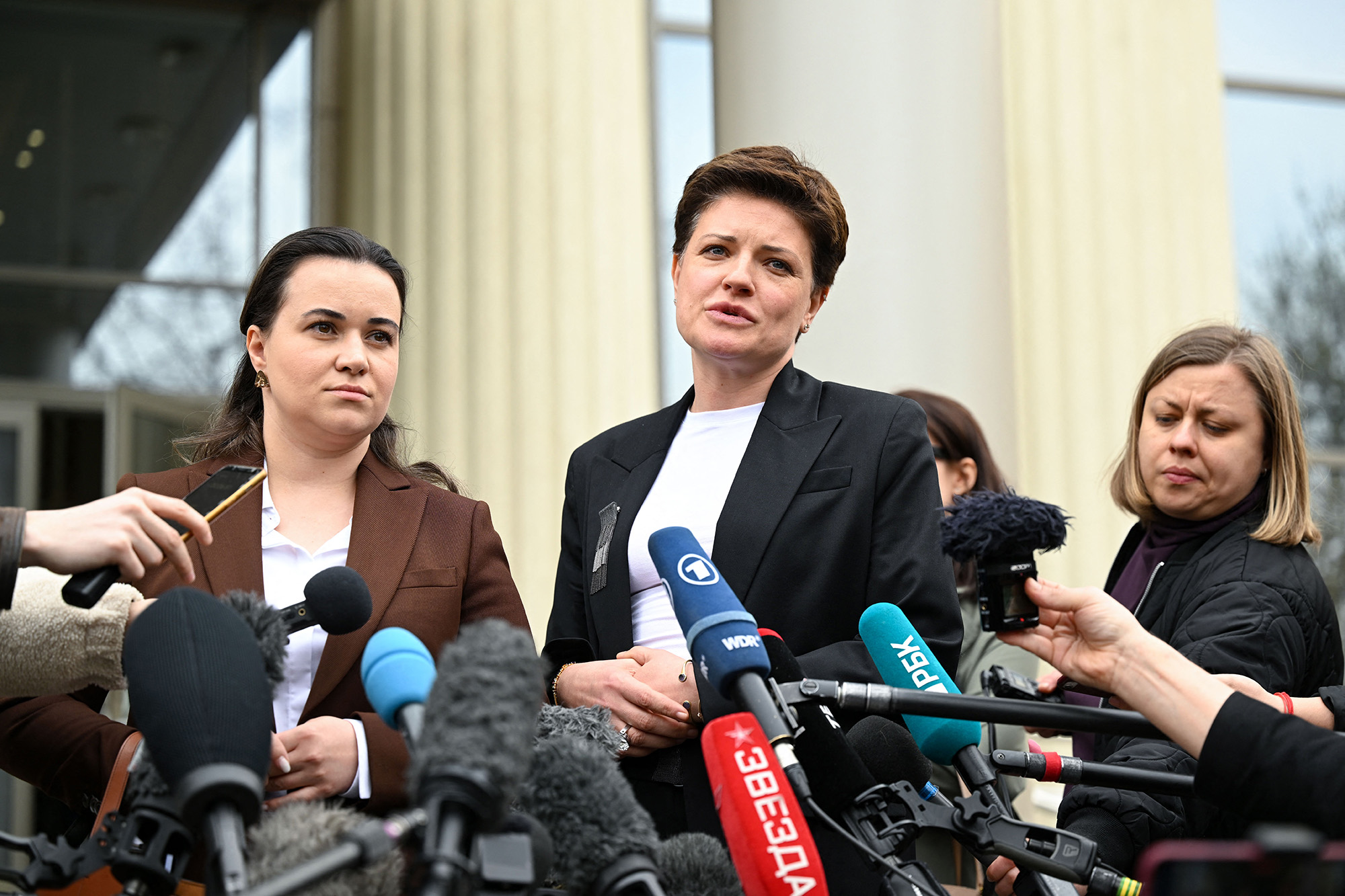 Lawyers Maria Korchagina and Tatiana Nozhkina talk to the media outside the Moscow City Court after a hearing to consider an appeal on the arrest of US journalist Evan Gershkovich, held on espionage charges, in Moscow on April 18, 2023. (Photo by NATALIA KOLESNIKOVA / AFP) (Photo by NATALIA KOLESNIKOVA/AFP via Getty Images)