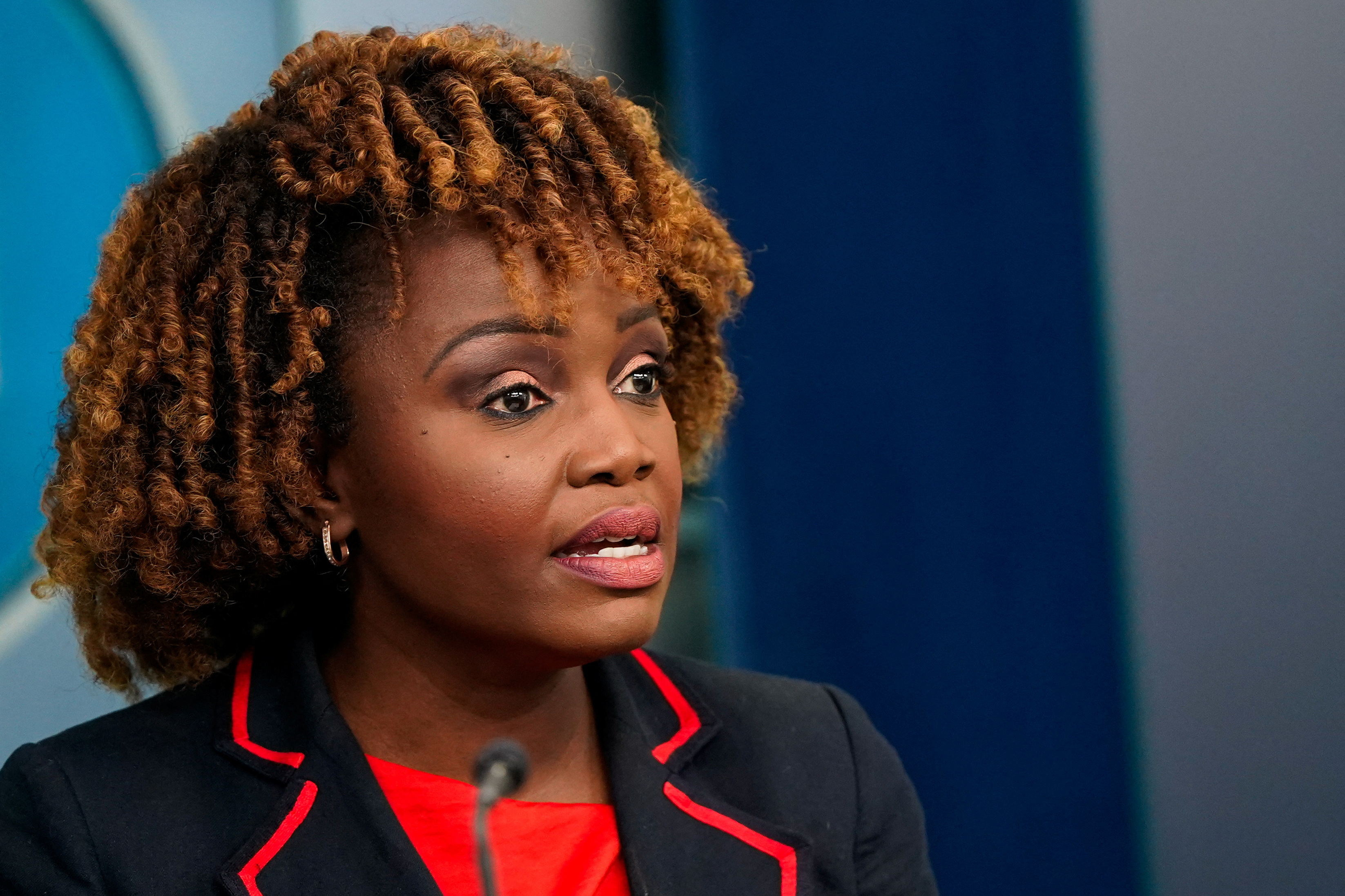 White House press secretary Karine Jean-Pierre holds a briefing in Washington, DC, on March 22.