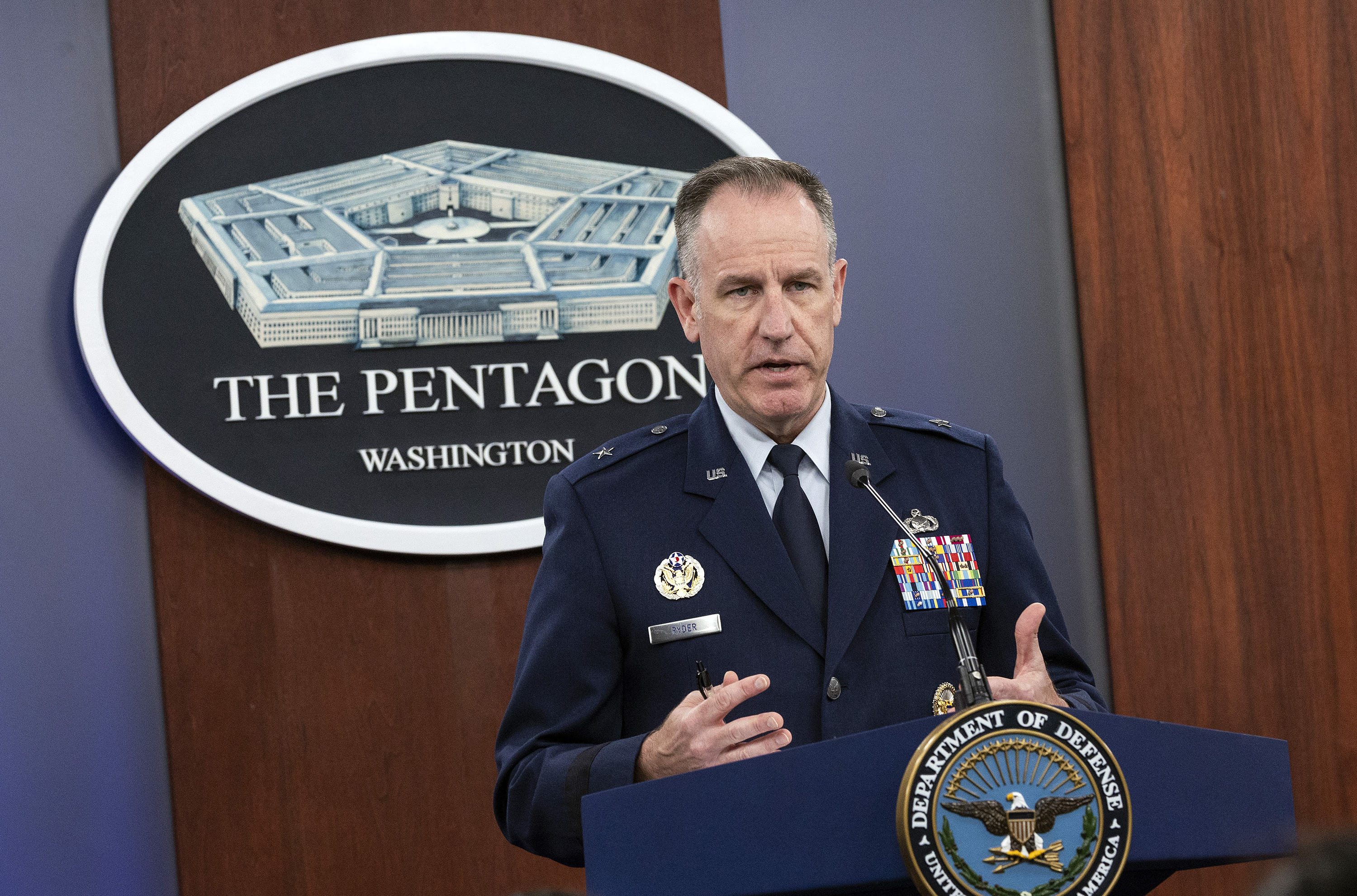 US Defense Department Press Sec. Brig. Gen. Pat Ryder holds a press briefing at the Pentagon on October 18, 2022 in Arlington, Virginia.