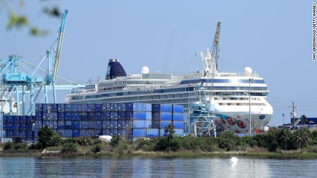 Norwegian Cruise Line's Norwegian Pearl cruise ship is docked at the Port of Jacksonville amid the coronavirus pandemic  in Jacksonville, Florida on March 27, 2020. 