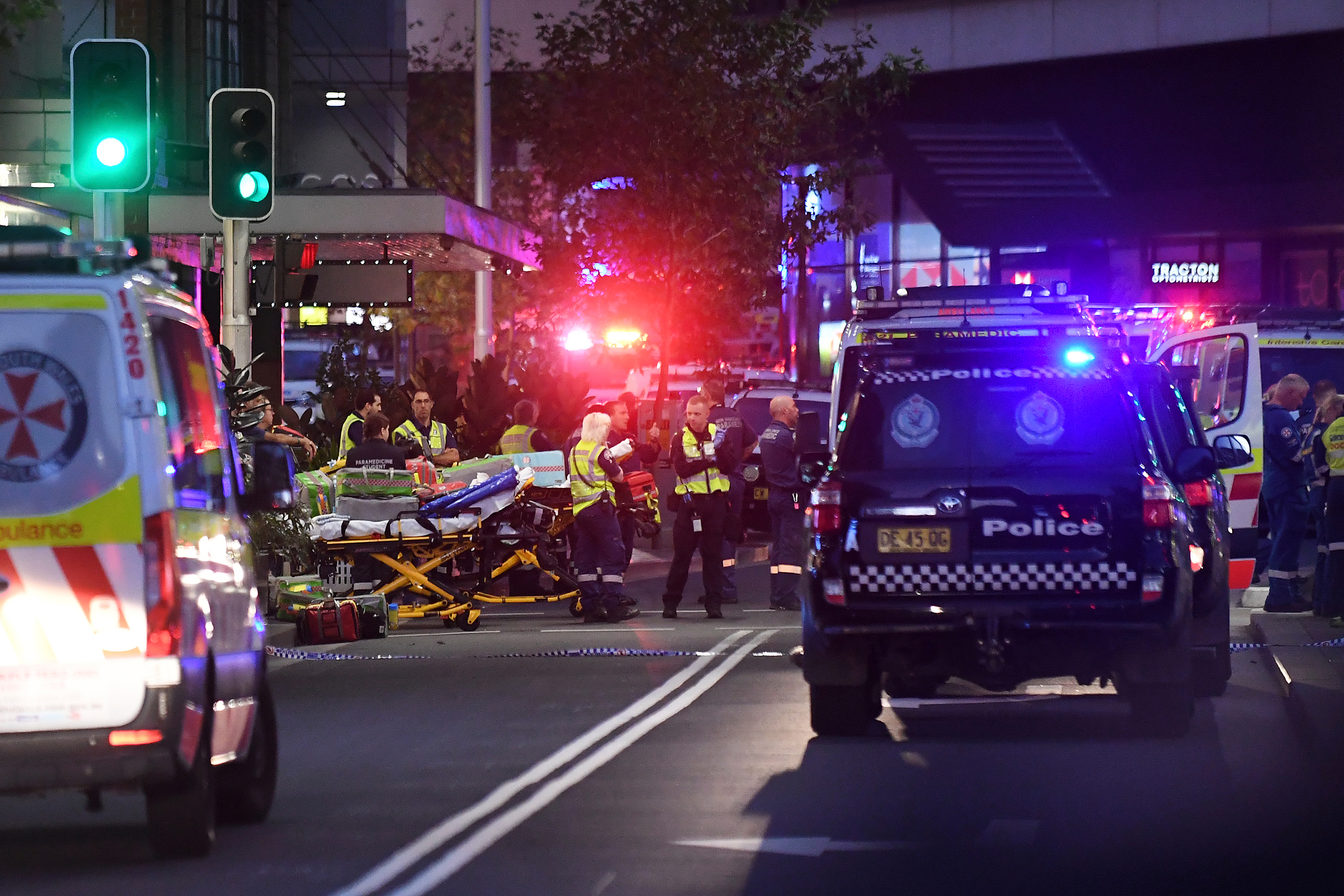 Emergency services are seen outside the scene of a stabbing in Sydney, on Saturday, April 13. 