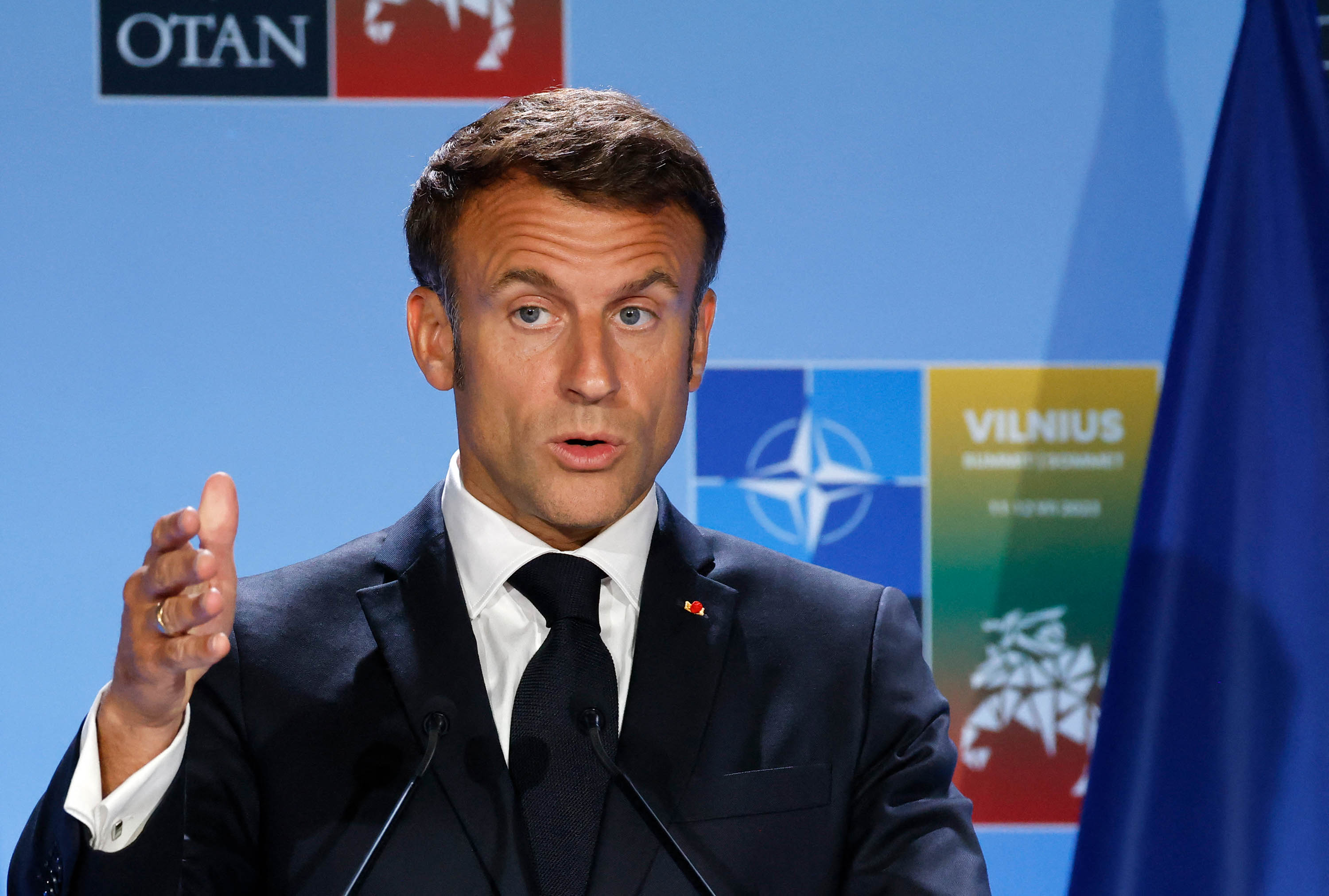 French President Emmanuel Macron speaks at a news conference during the NATO Summit in Vilnius, Lithuania, on July 12. 