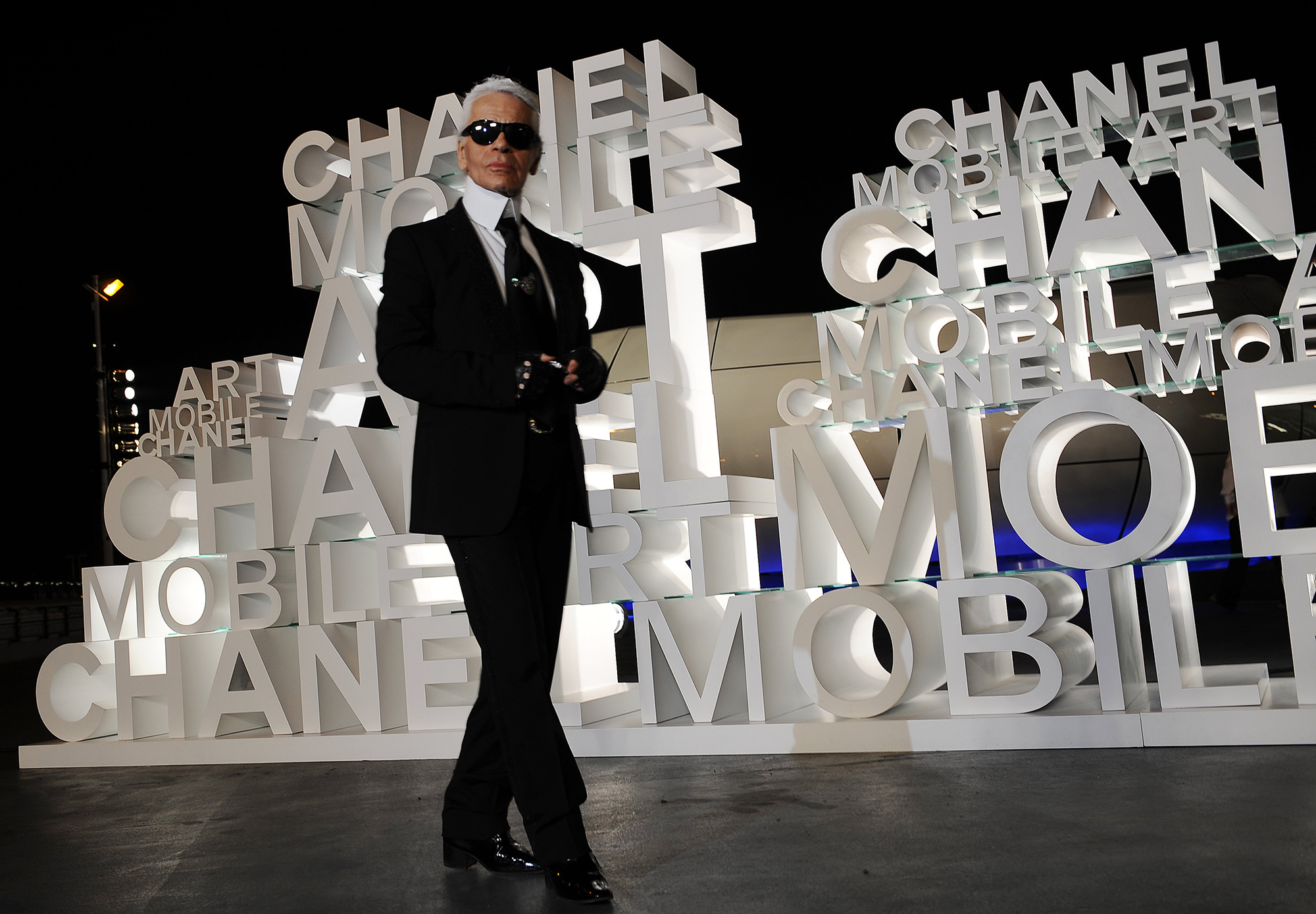 Lagerfeld arrives for the launch of a Chanel mobile art exhibition in Hong Kong in March 2008. 