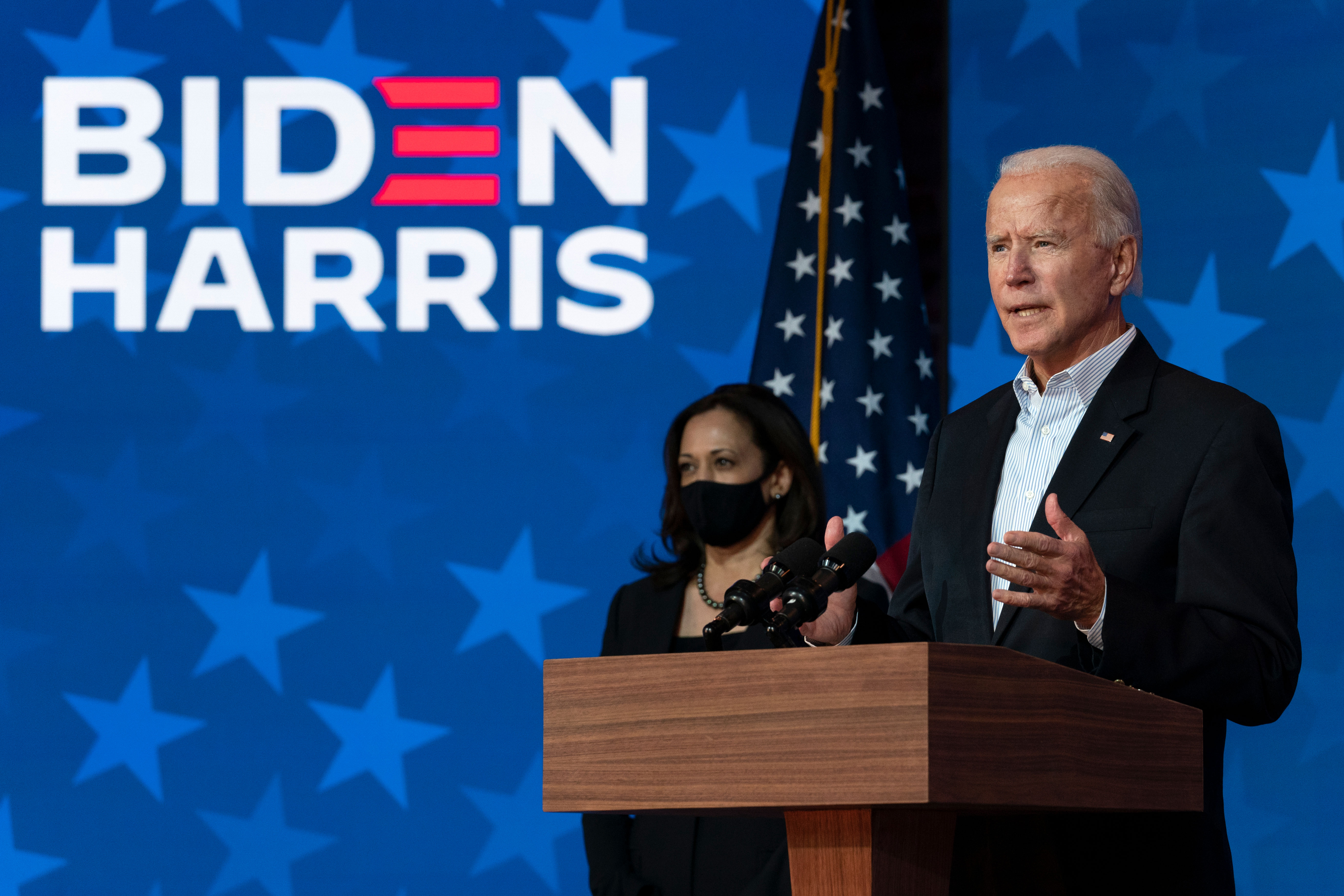 Democratic presidential nominee Joe Biden is joined by his running mate, US Sen. Kamala Harris, as he delivers remarks in Wilmington, Delaware, on November 5.