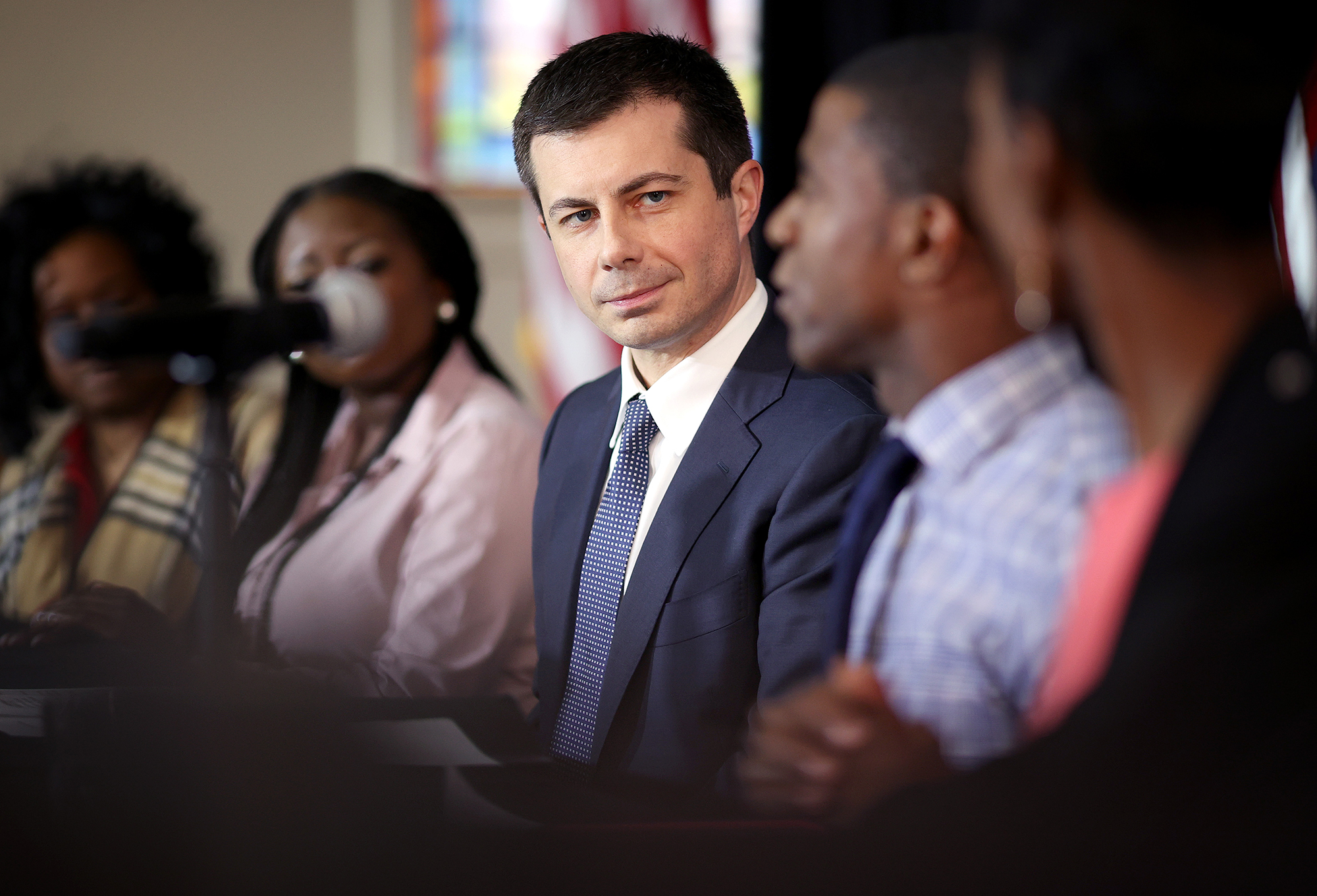 Former South Bend, Indiana Mayor Pete Buttigieg participates in a health equity round table in Greenville, South Carolina on February 27. 