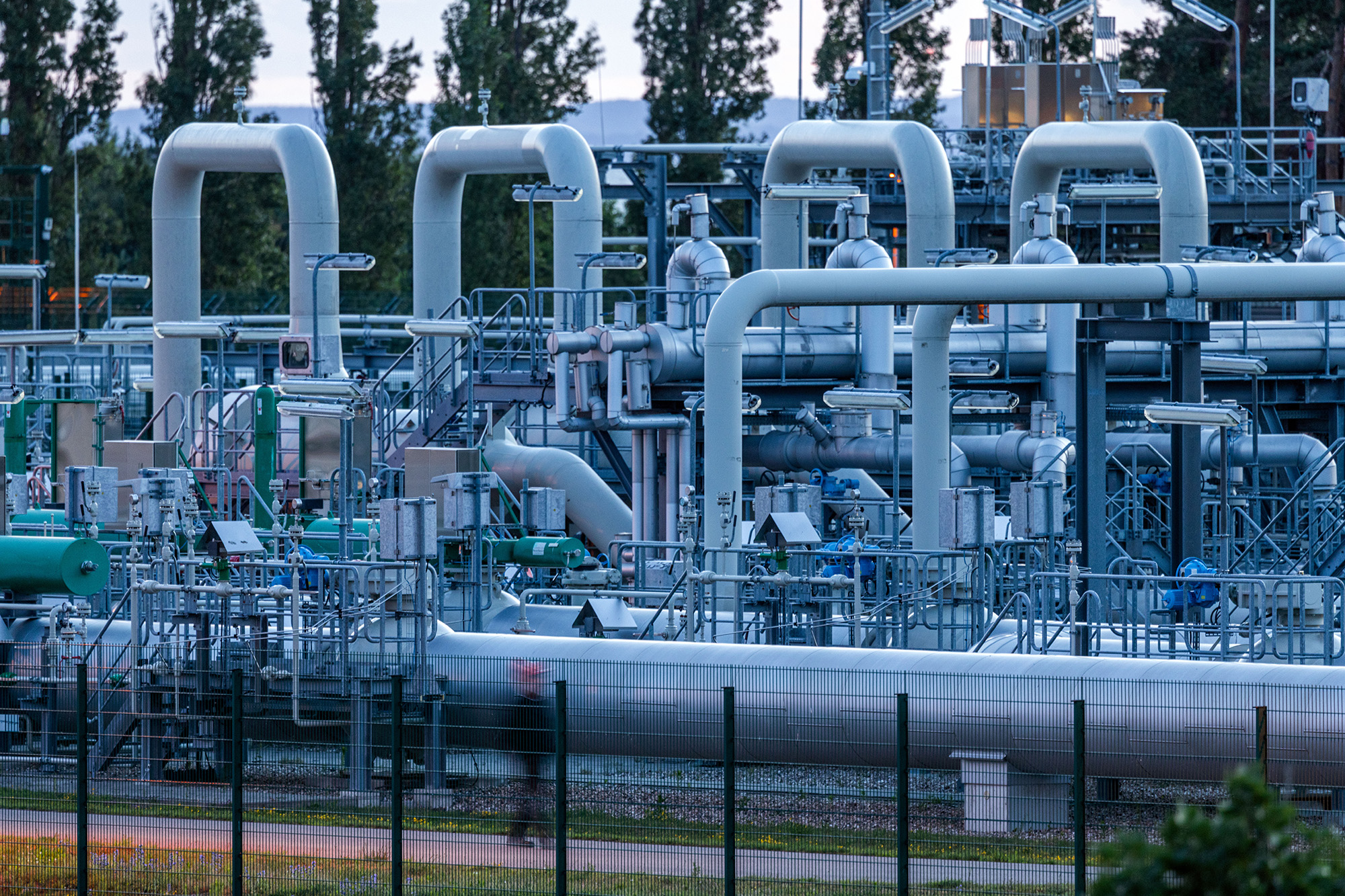 Pipe systems and shut-off devices at the gas receiving station of the Nord Stream 1 Baltic Sea pipeline and the transfer station of the OPAL gas pipeline in Mecklenburg-Western Pomerania, Lubmin, Germany, on July 11. 