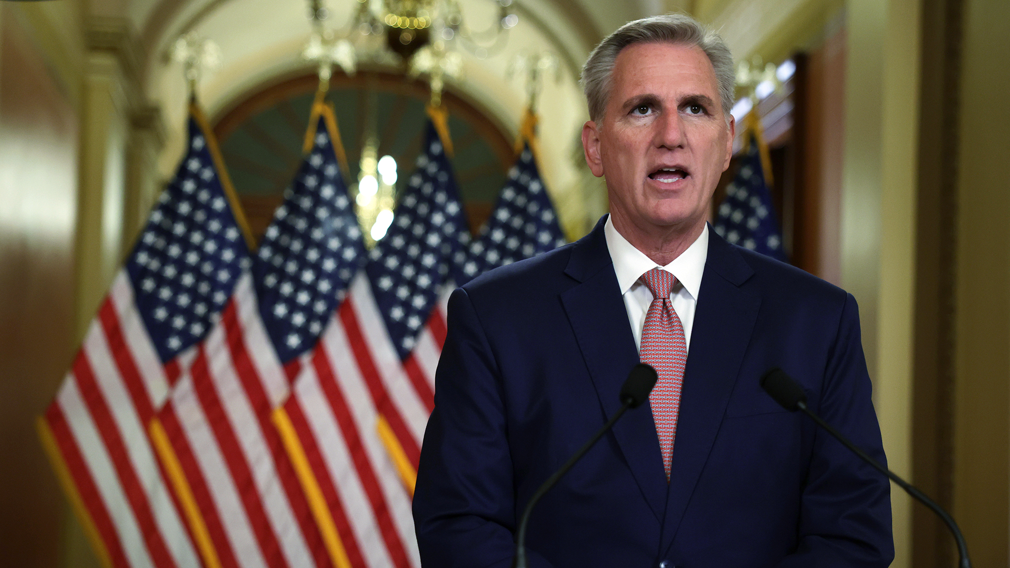 House Speaker Kevin McCarthy (R-CA) speaks about the country's debt ceiling outside his office at the Capitol on February 6 in Washington, DC.