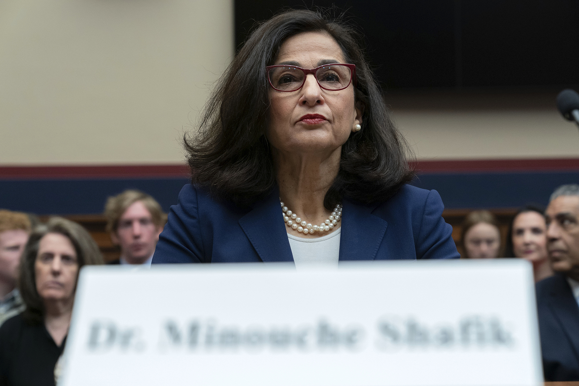 Columbia President Nemat Shafik testified on April 17 before the House Committee on Education and the Workforce hearing on "Columbia in Crisis: Columbia University's Response to Antisemitism" on Capitol Hill in Washington.