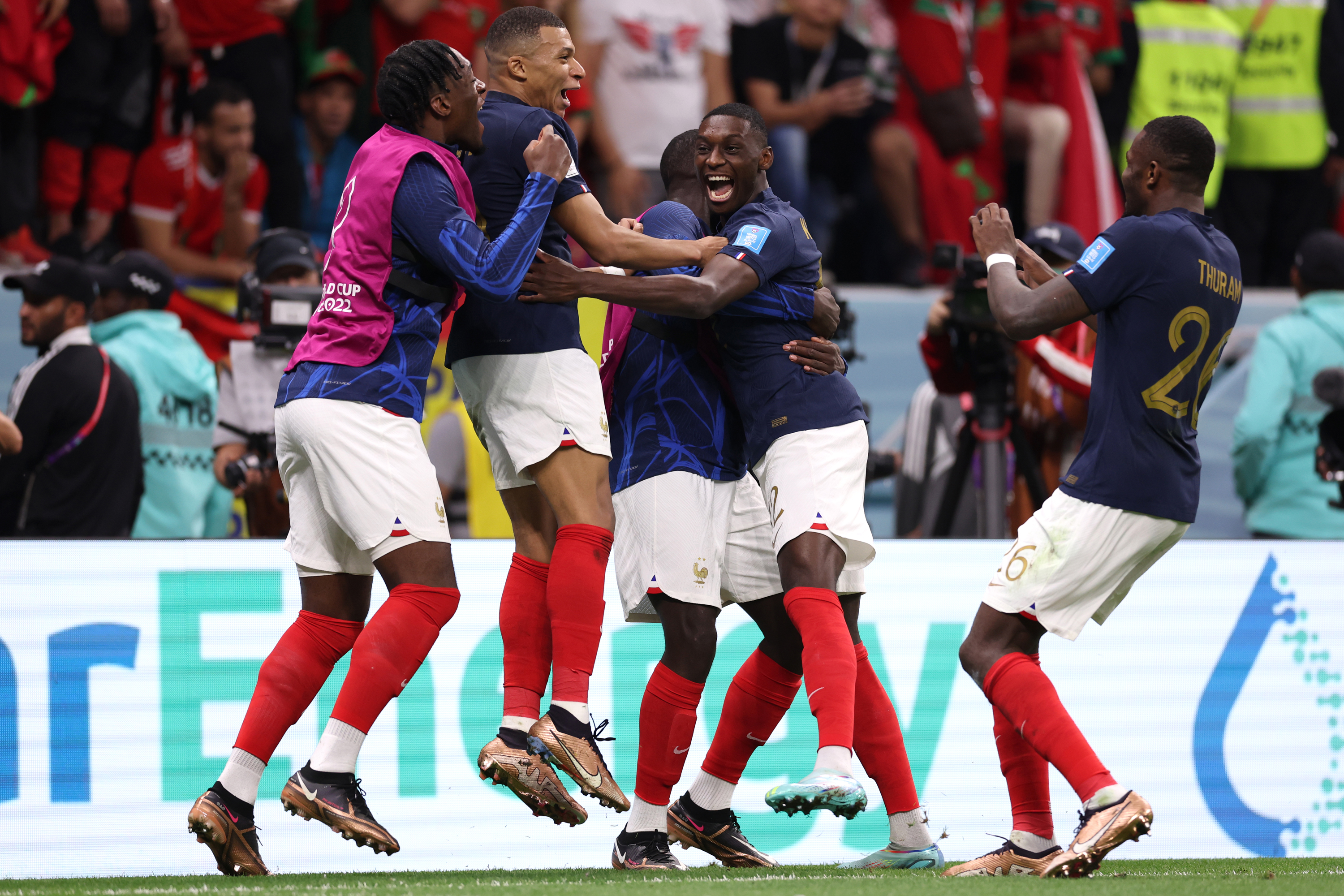 Randal Kolo Muani of France celebrates with teammates after scoring France's second goal during the match against Morocco at Al-Bayt Stadium in Al Khor, Qatar on Wednesday.