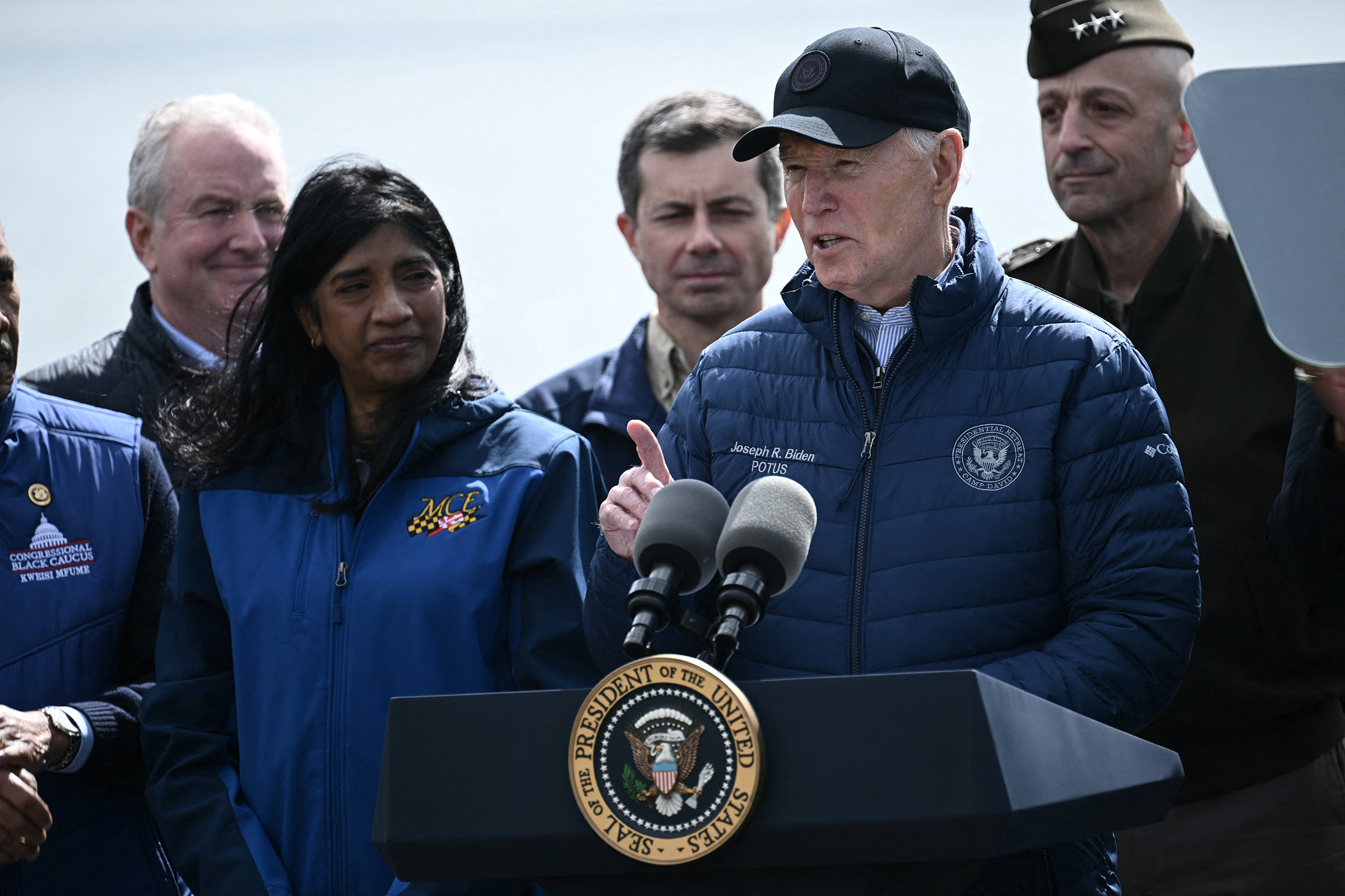 President Joe Biden speaks about the collapse of the Francis Scott Key Bridge after it was struck by the container ship Dali, in Baltimore, Maryland, on Friday.