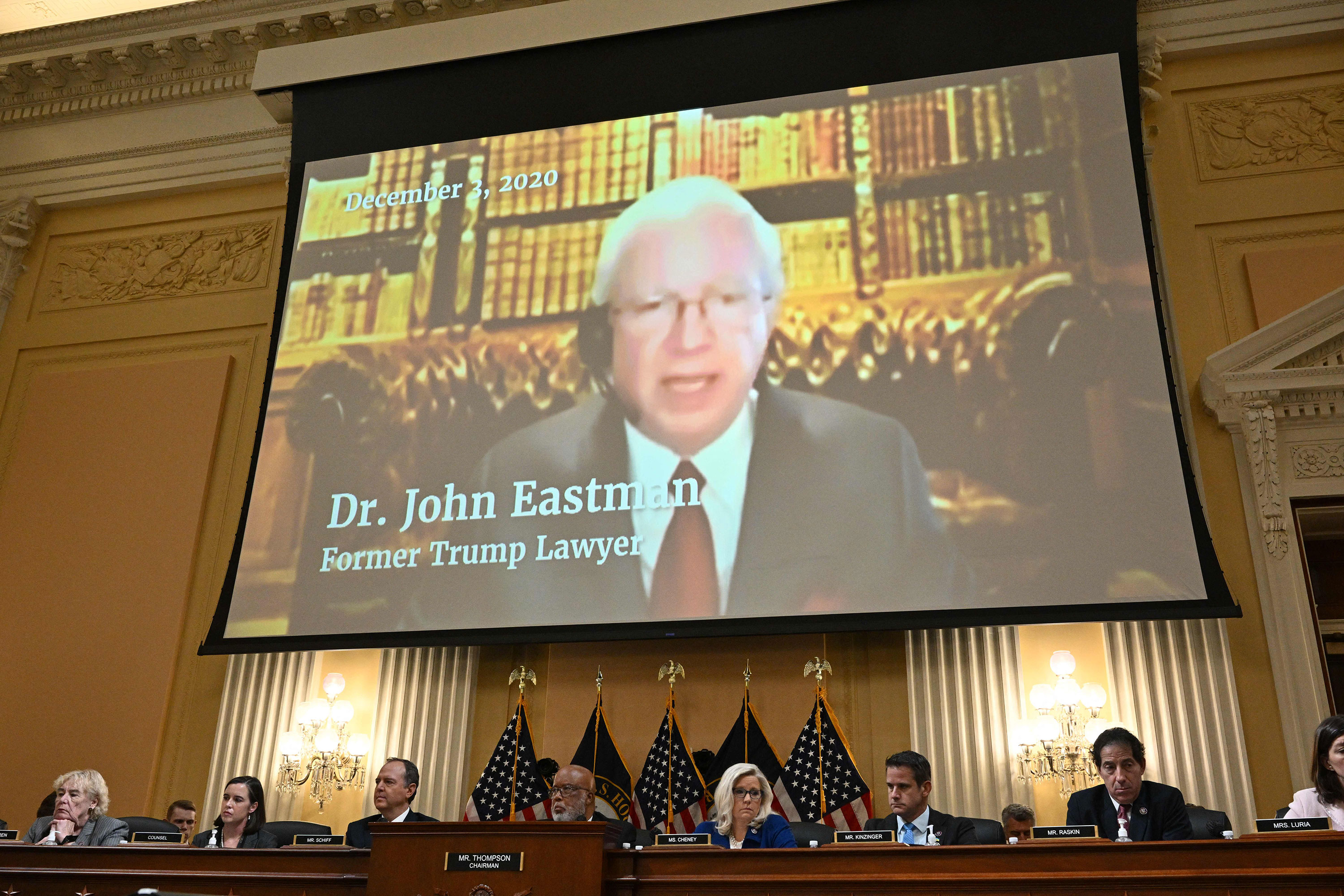 John Eastman appears onscreen during a House Select Committee hearing to investigate the Jan. 6 attack on the United States Capitol on June 21.