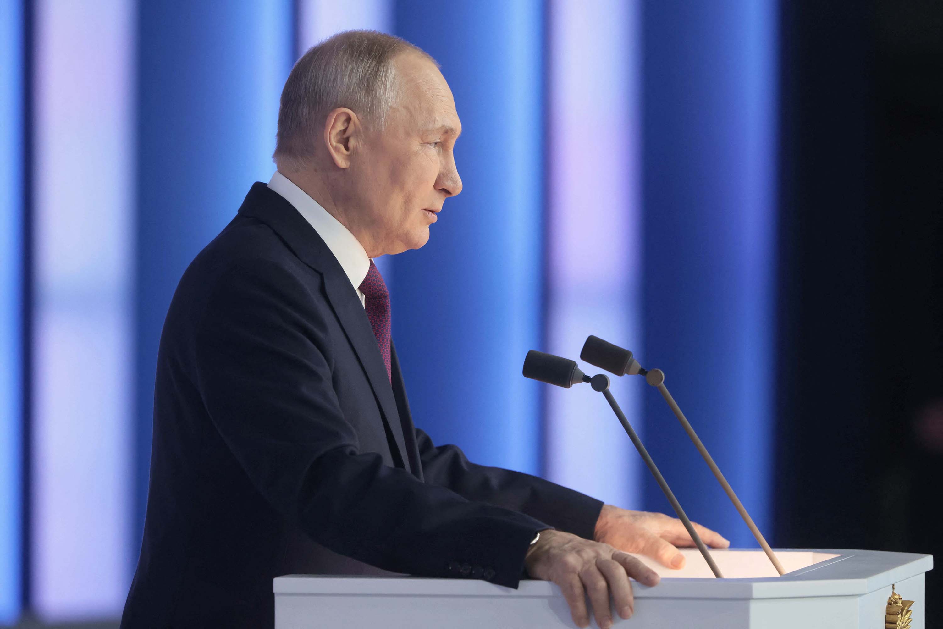 Russian President Vladimir Putin speaks during a state of the nation address in Moscow, on February 21. 