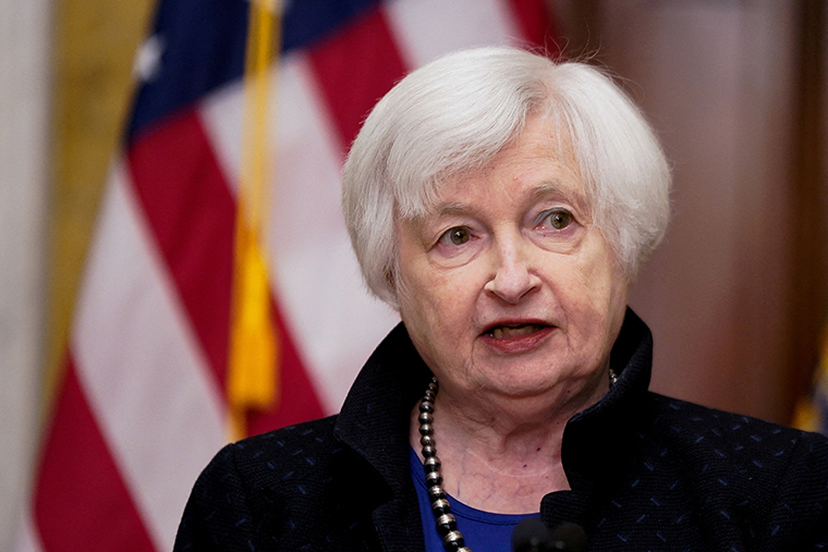 U.S. Treasury Secretary Janet Yellen during a news conference at the Treasury Department in Washington on April 11.