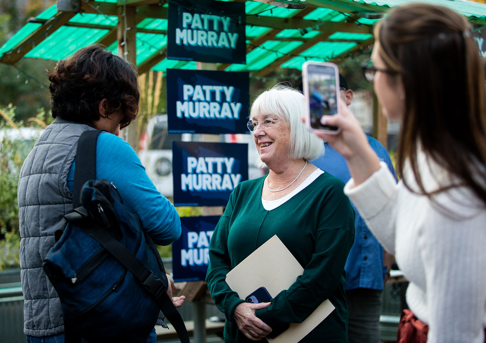 Sen. Patty Murray talks to an attendee during a small business town hall campaign event on October 13 in Seattle. 