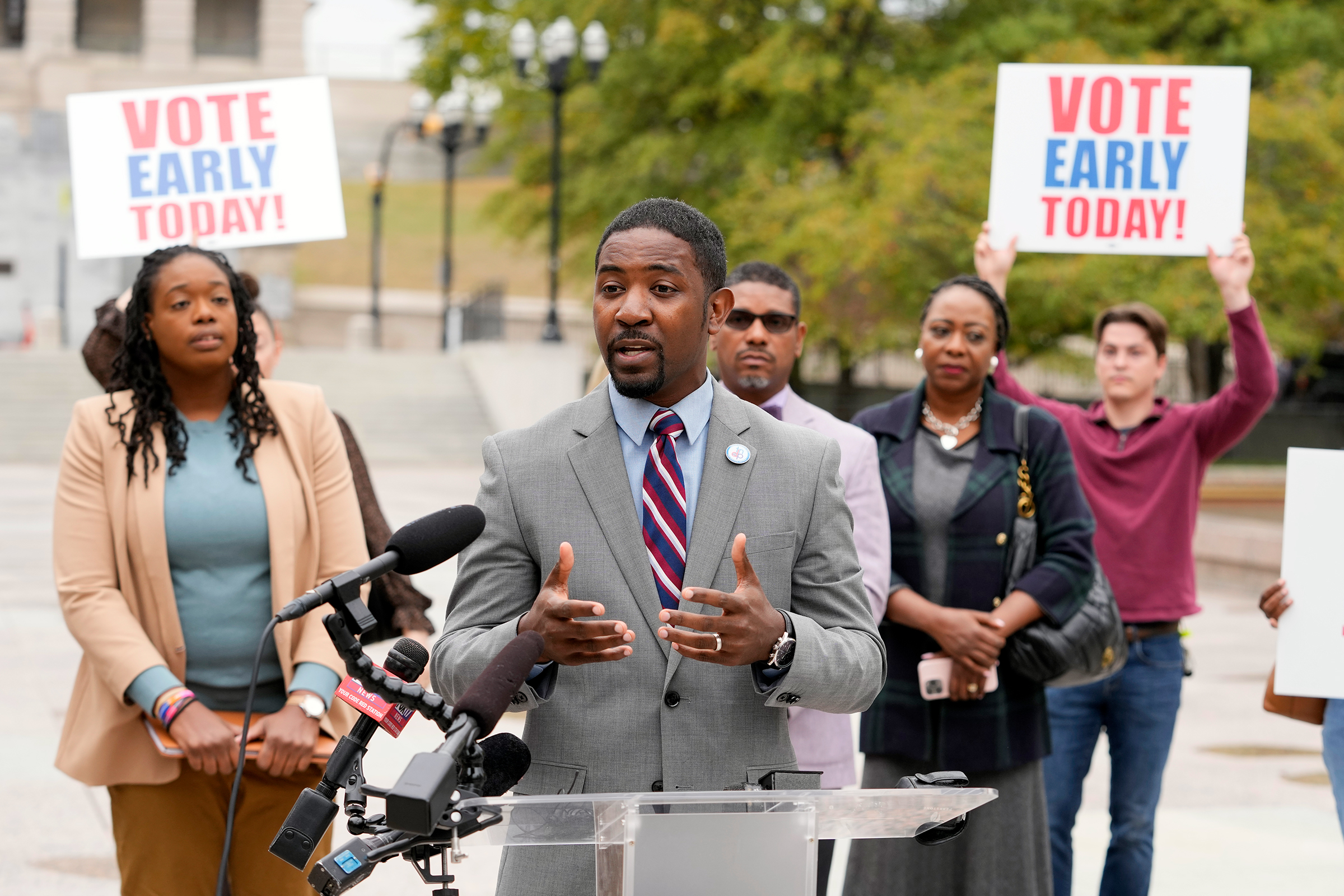 In this November 2022 photo, Hendrell Remus, chairman of the Tennessee Democratic Party, speaks in Nashville after election officials confirmed more than 200 votes have been cast in the wrong races in Nashville since early voting began.