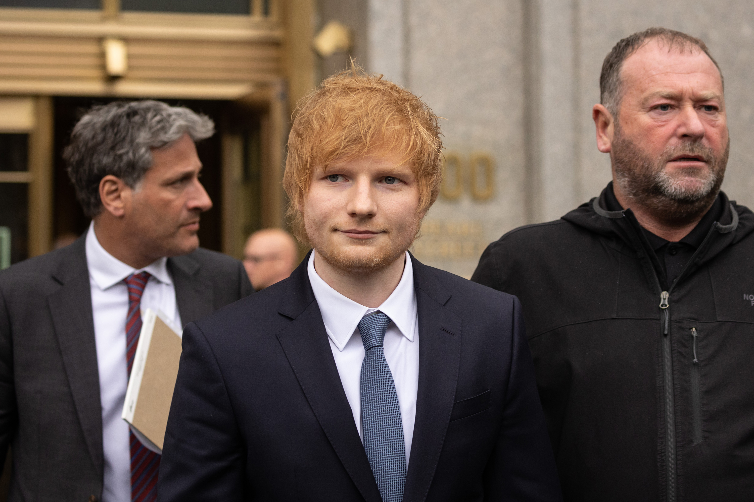 Ed Sheeran leaves court in New York, on April 25. 