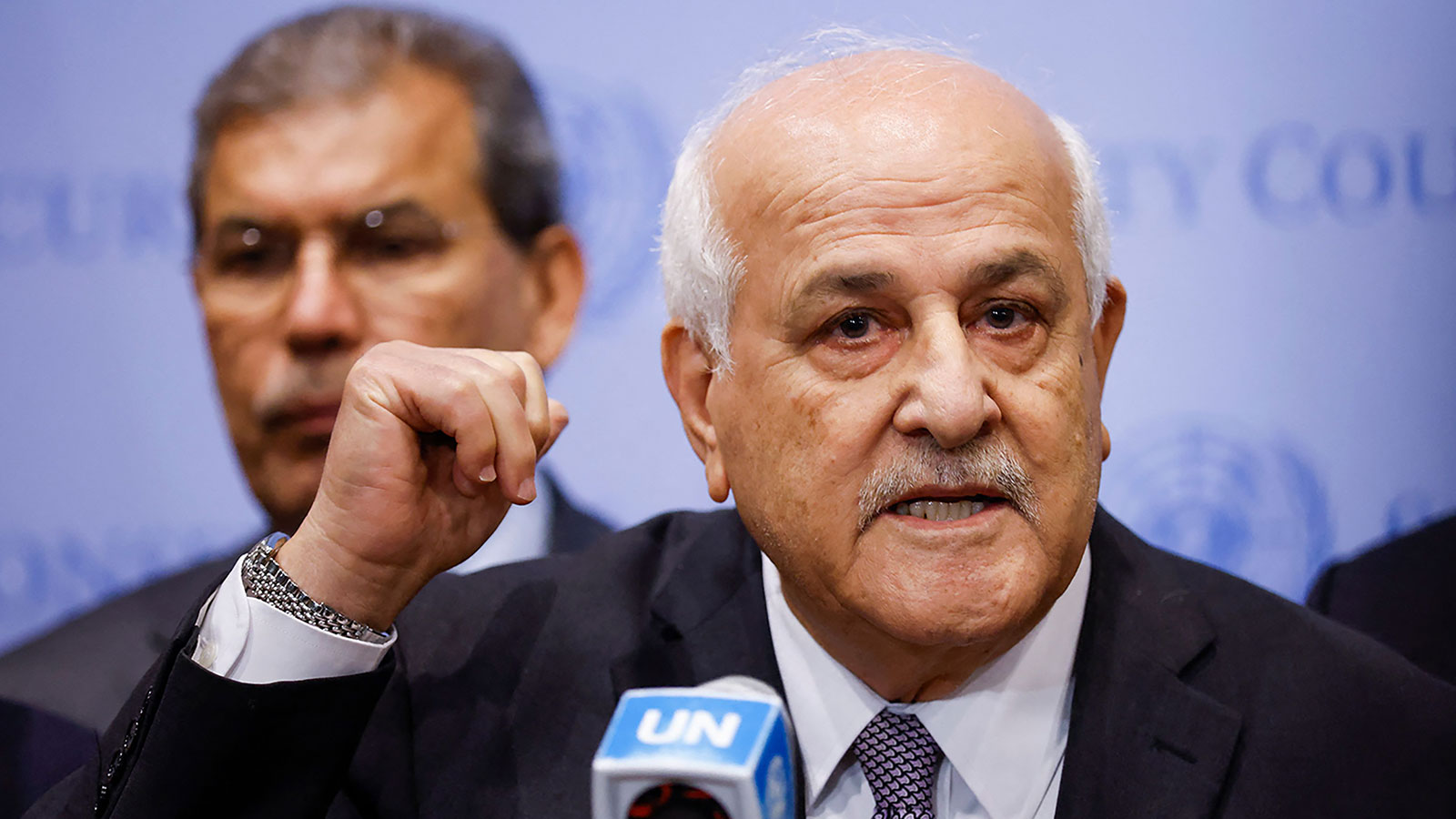 Riyad H. Mansour, Ambassador of the Permanent Observer Mission of the State of Palestine to the United Nations speaks during a stakeout before a Security Council meeting at the UN headquarters in New York City on October 13.