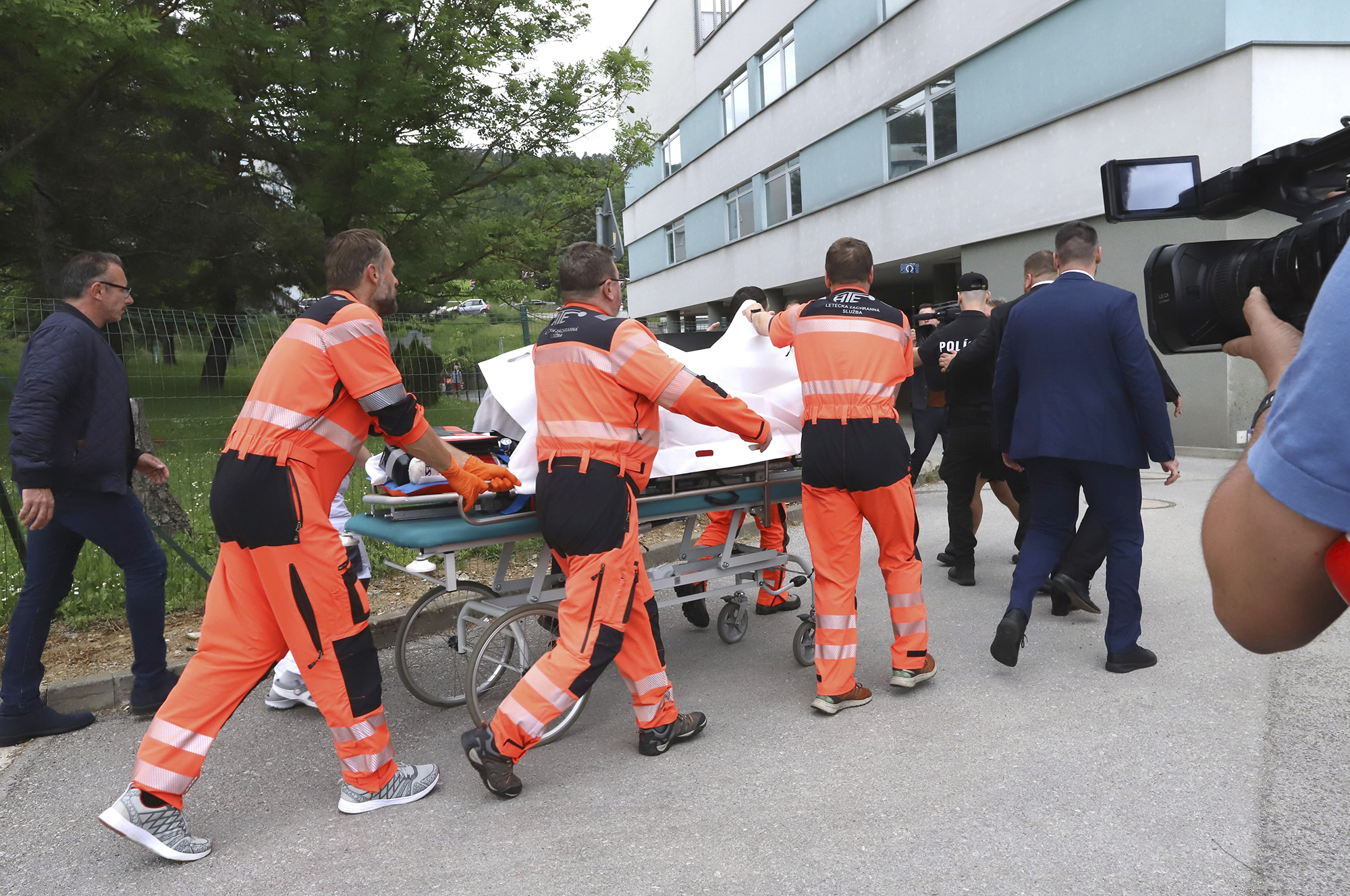 Rescue workers take Slovak Prime Minister Robert Fico, who was shot and injured, to a hospital in the town of Banska Bystrica, Slovakia, on May 15.