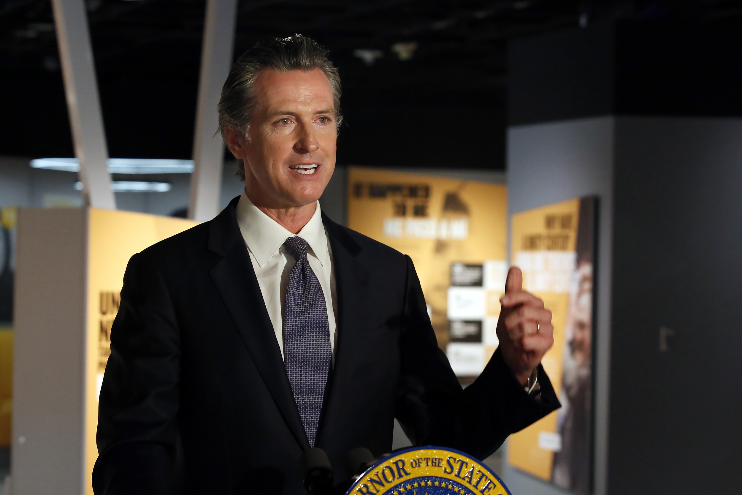 Gov. Gavin Newsom has ordered the state police training program to stop teaching a neck hold that blocks the flow of blood to the brain, during a news conference in Sacramento, California,  on Friday, June 5. 
