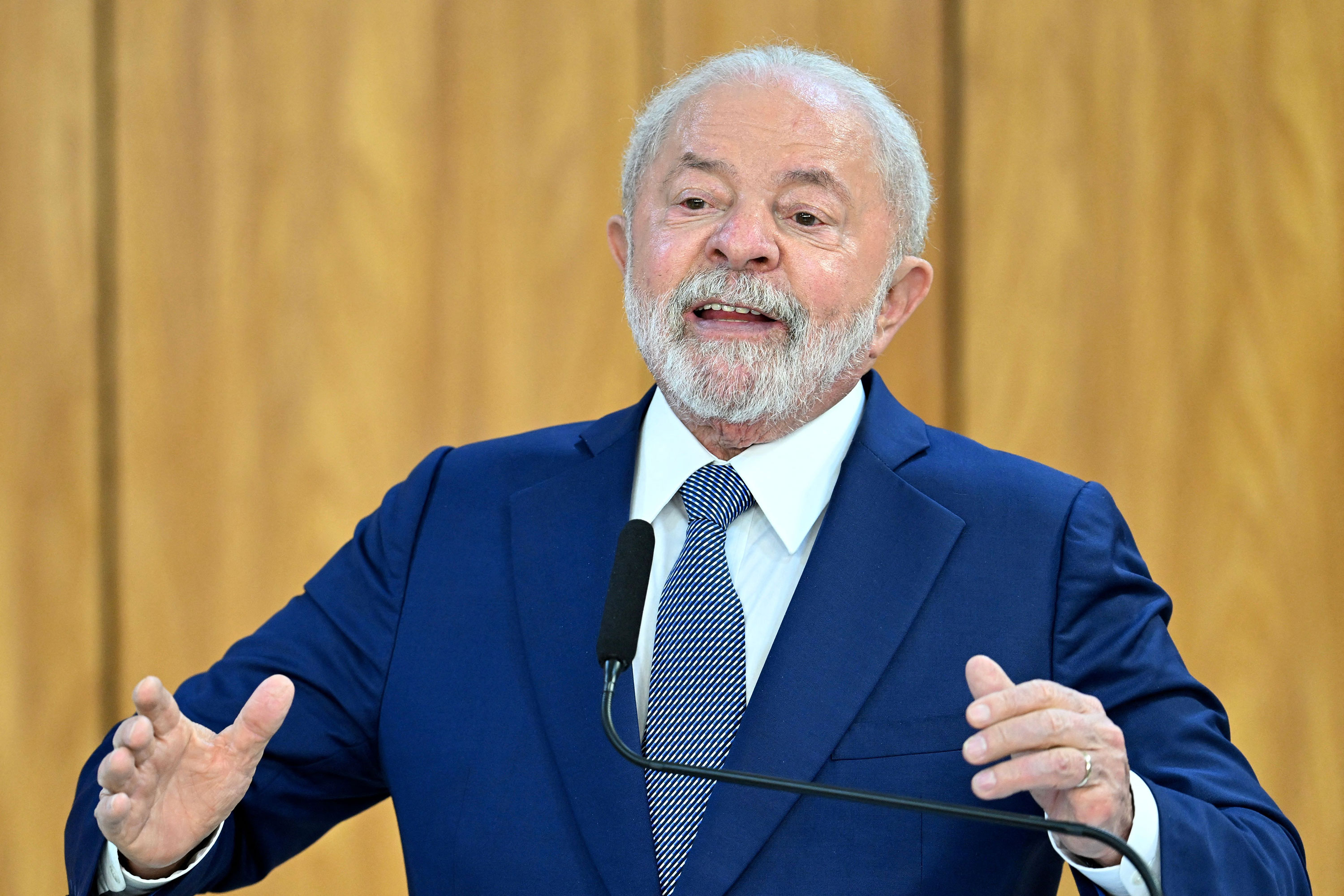Brazilian President Luiz Inacio Lula da Silva speaks during a press conference in Brasilia, Brazil, on May 9.