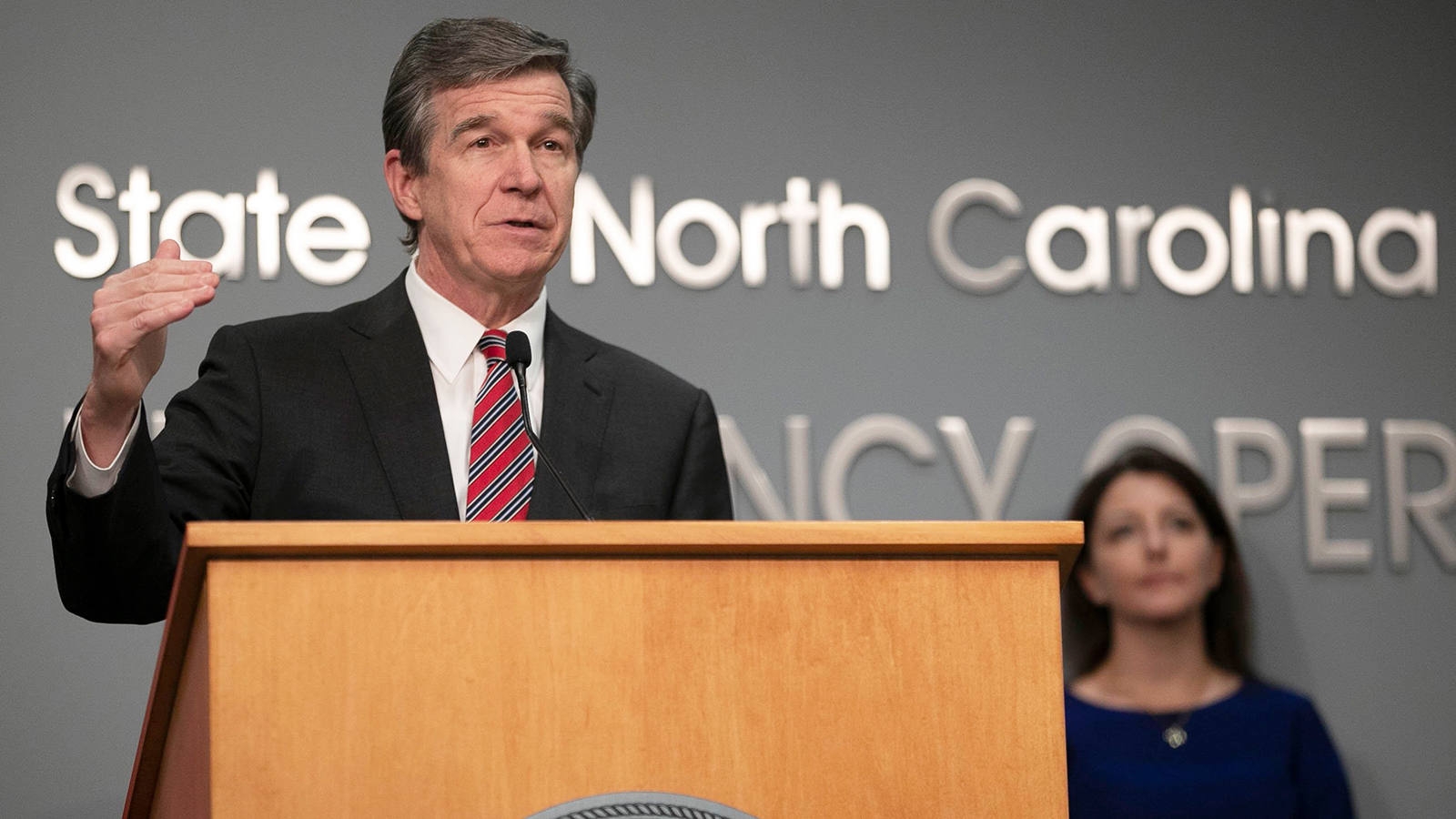 Gov. Roy Cooper gives an update on the coronavirus and phase one of reopening the state's economy during a press briefing, on May 12, at the Emergency Operations Center in Raleigh, North Carolina. 
