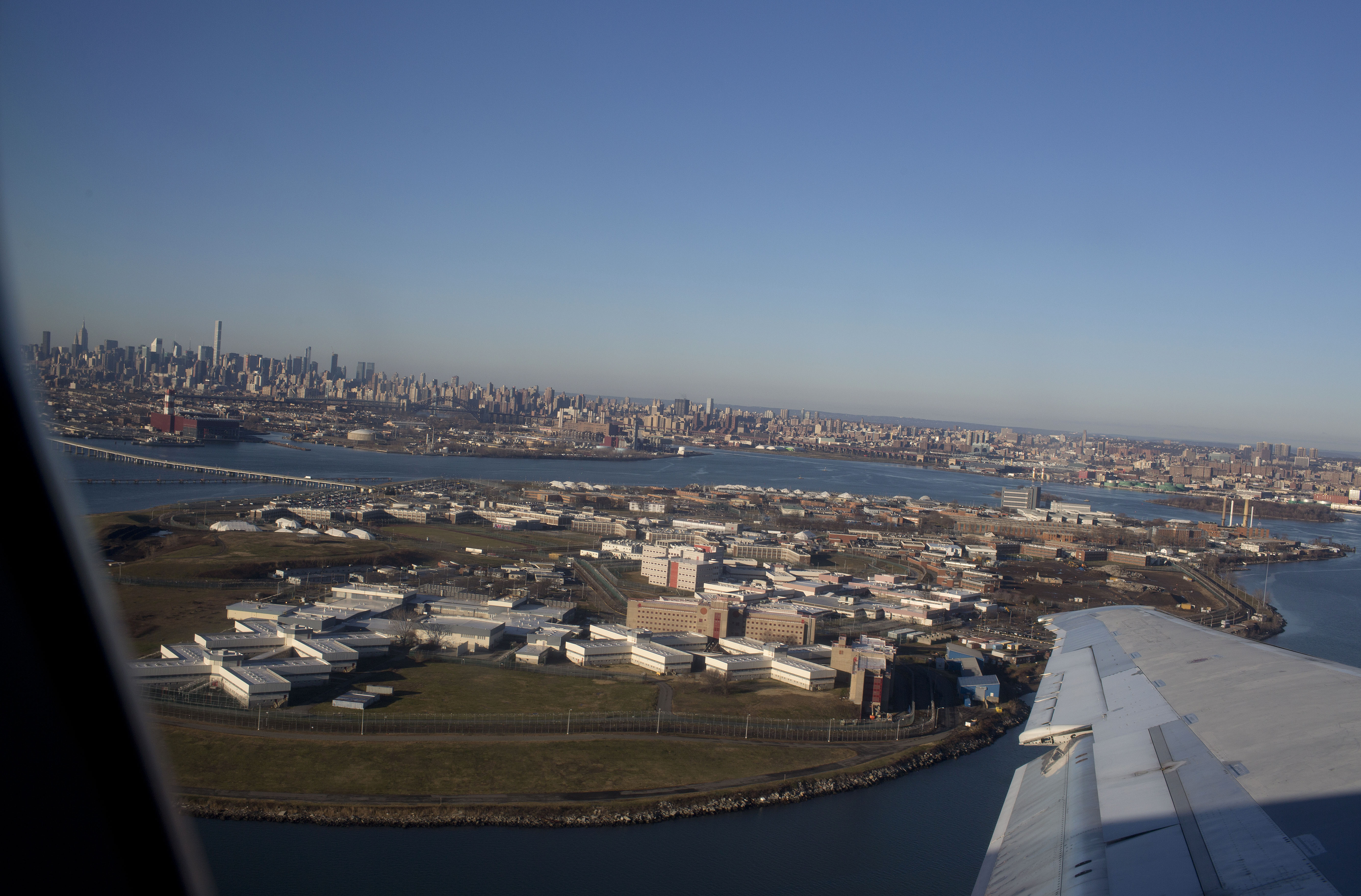 Rikers Island is seen from a flight leaving LaGuardia Airport in Queens, New York, on December 25, 2016.