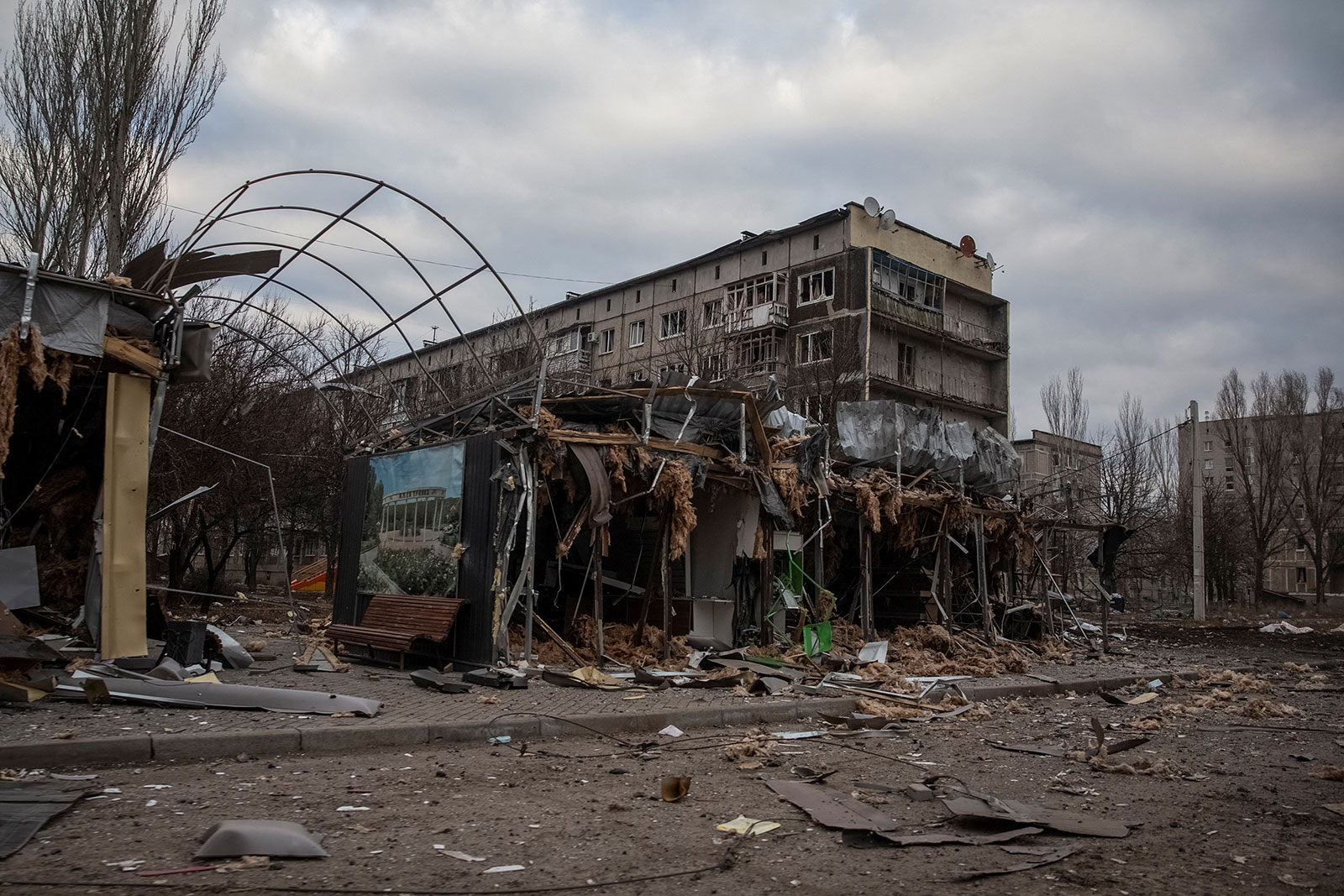 An empty street and damaged buildings are seen in Bakhmut, Ukraine, on March 3.