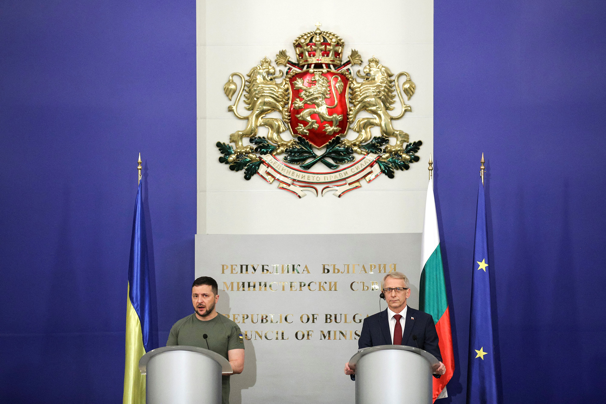 Ukraine's President Volodymyr Zelensky, left, and Bulgarian Prime Minister Nikolai Denkov hold a press conference at the Bulgarian government building in Sofia, Bulgaria, on July 6.