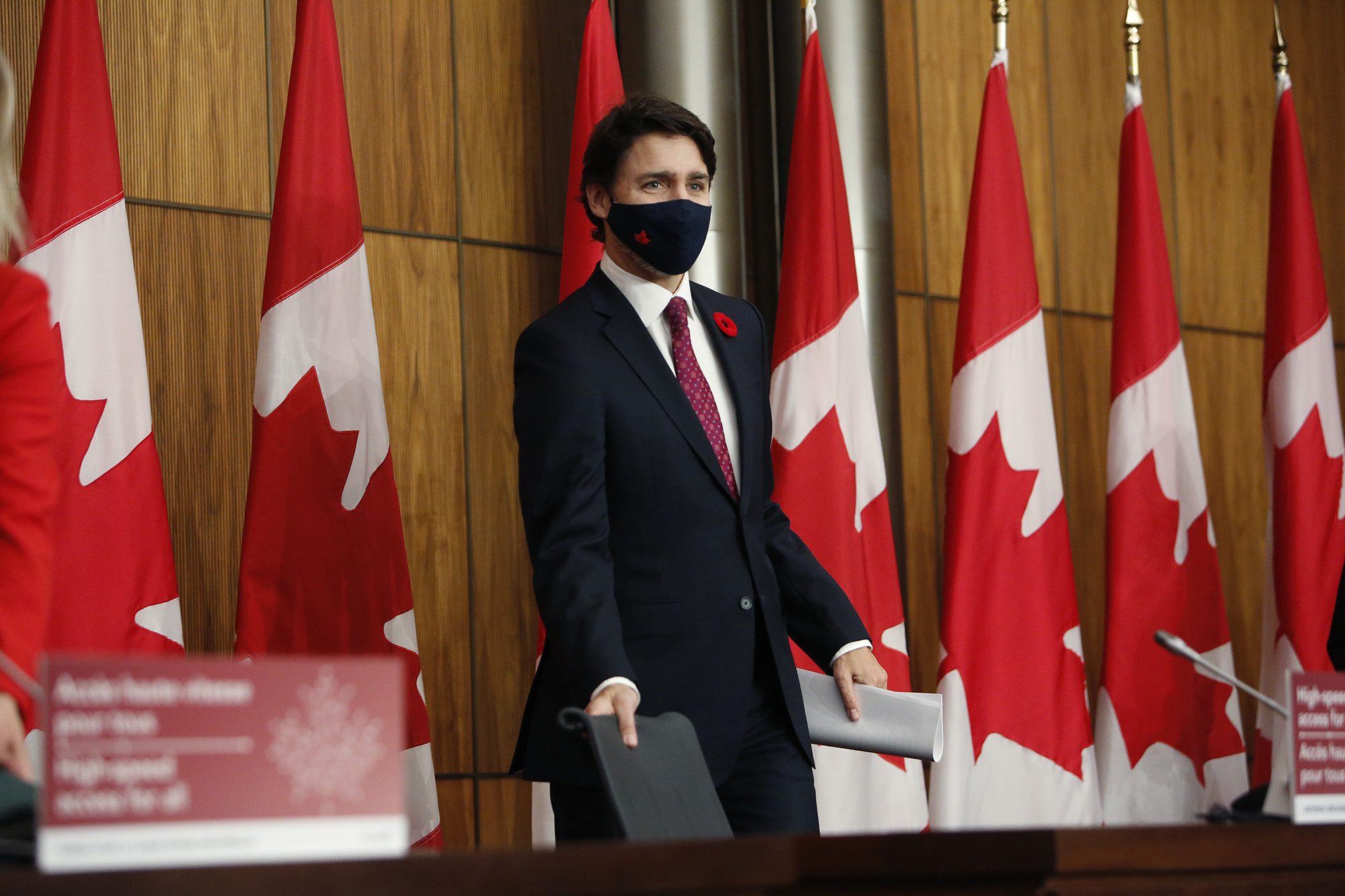 Canada's Prime Minister Justin Trudeau, arrives to a news conference in Ottawa, Canada, on Monday, November 9. 