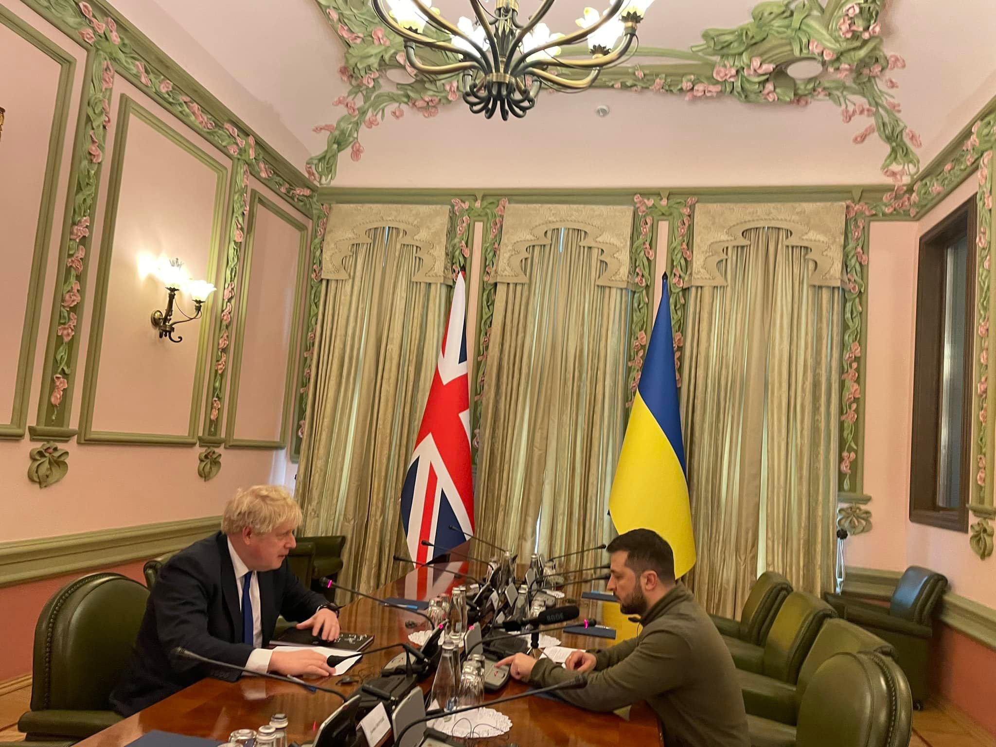 UK Prime Minister Boris Johnson meets with Ukrainian President Volodymyr Zelensky in this photo shared by the Embassy of Ukraine to the UK. 