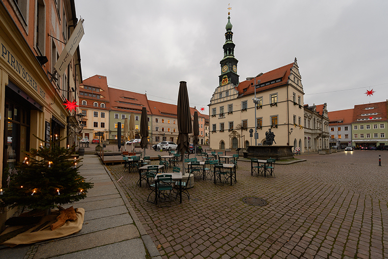 A view of the market with the town hall in the old town of Saxony, Pirna, Switzerland on Monday, December 7.
