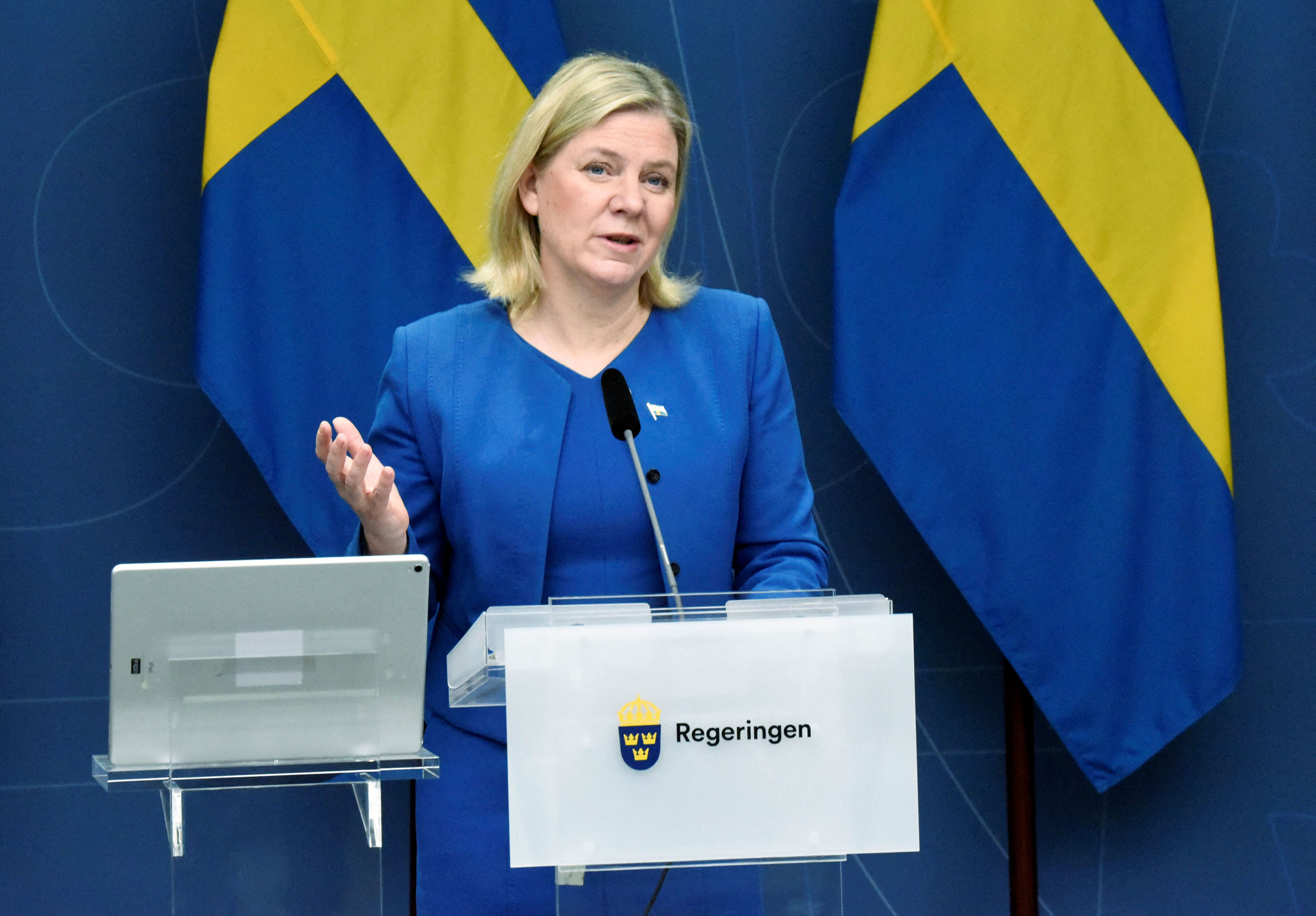 Sweden's Prime Minister Magdalena Andersson speaks on Thursday at a press conference  in Stockholm regarding the lifting of Covid-19 restrictions.