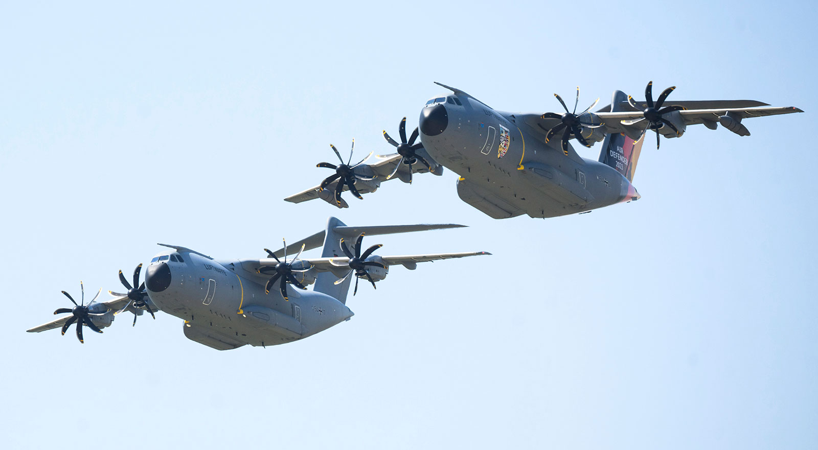 Two Airbus A400M of the German Air Force fly over Wunstorf Air Base in the Hanover region at the beginning of the Air Defender exercise on June 12. 