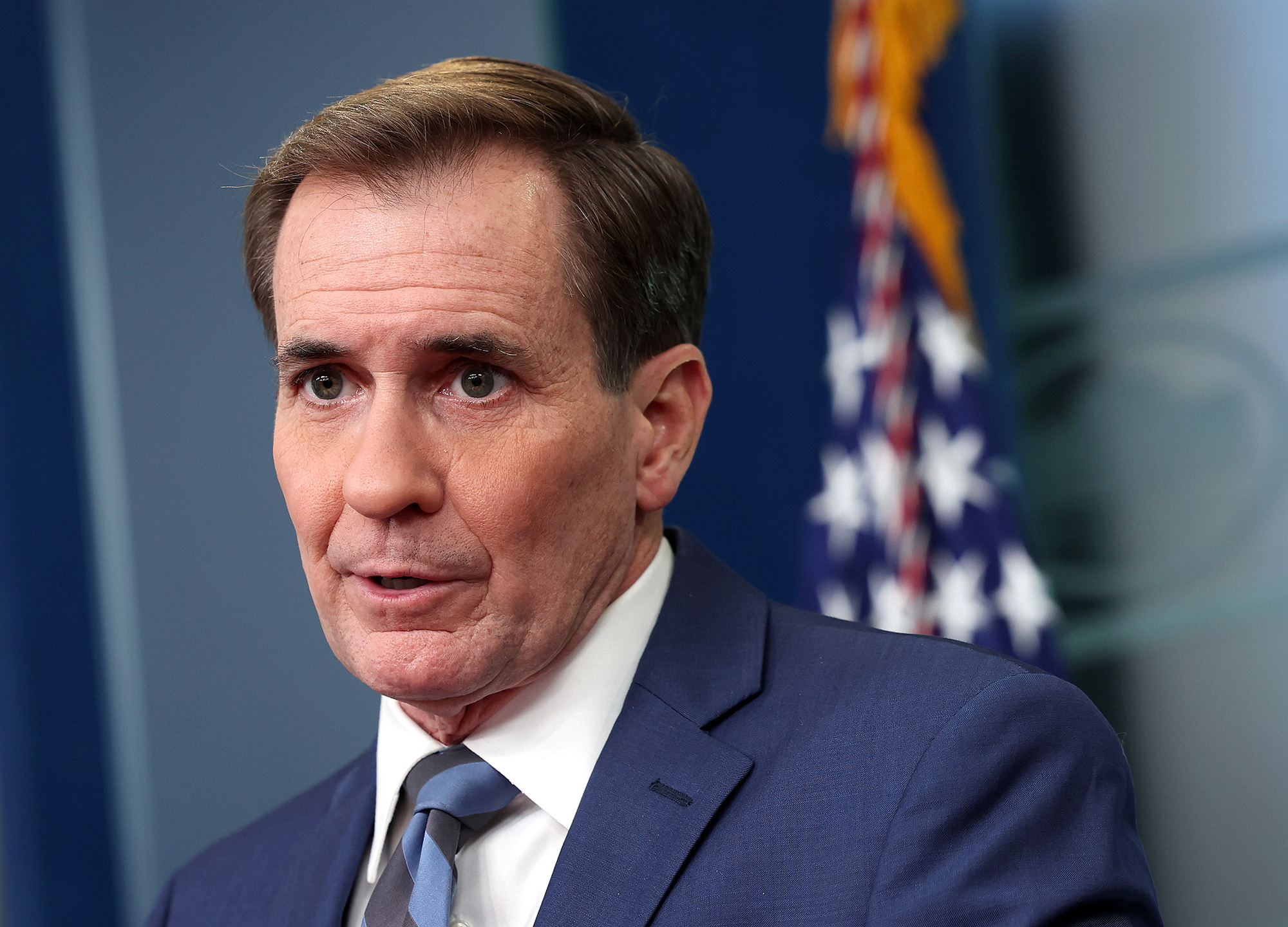 National Security Council coordinator for strategic communications John Kirby speaks at the White House, on November 28.