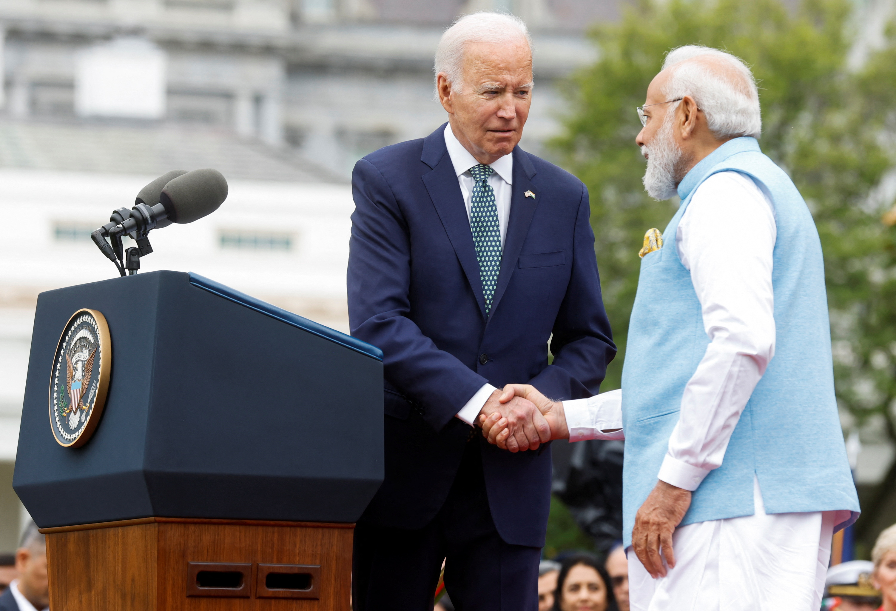 US President Joe Biden shakes hands with India’s Prime Minister Narendra Modi after introducing Modi during an official State Arrival Ceremony held at the start of Modi's visit to the White House in Washington DC, on Thursday.