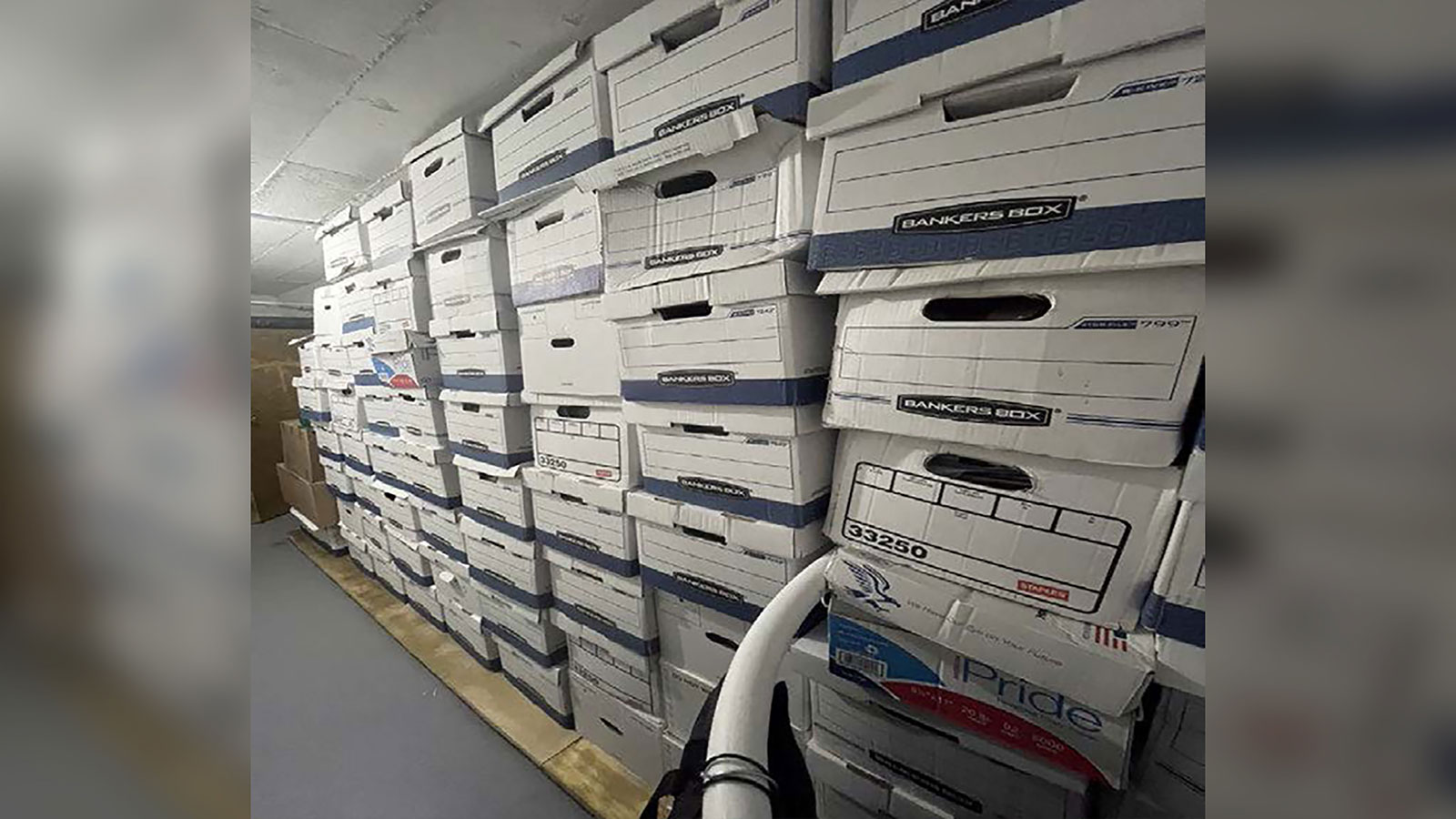 Boxes are stacked in the storage room, in this photo included in Donald Trump’s federal indictment.